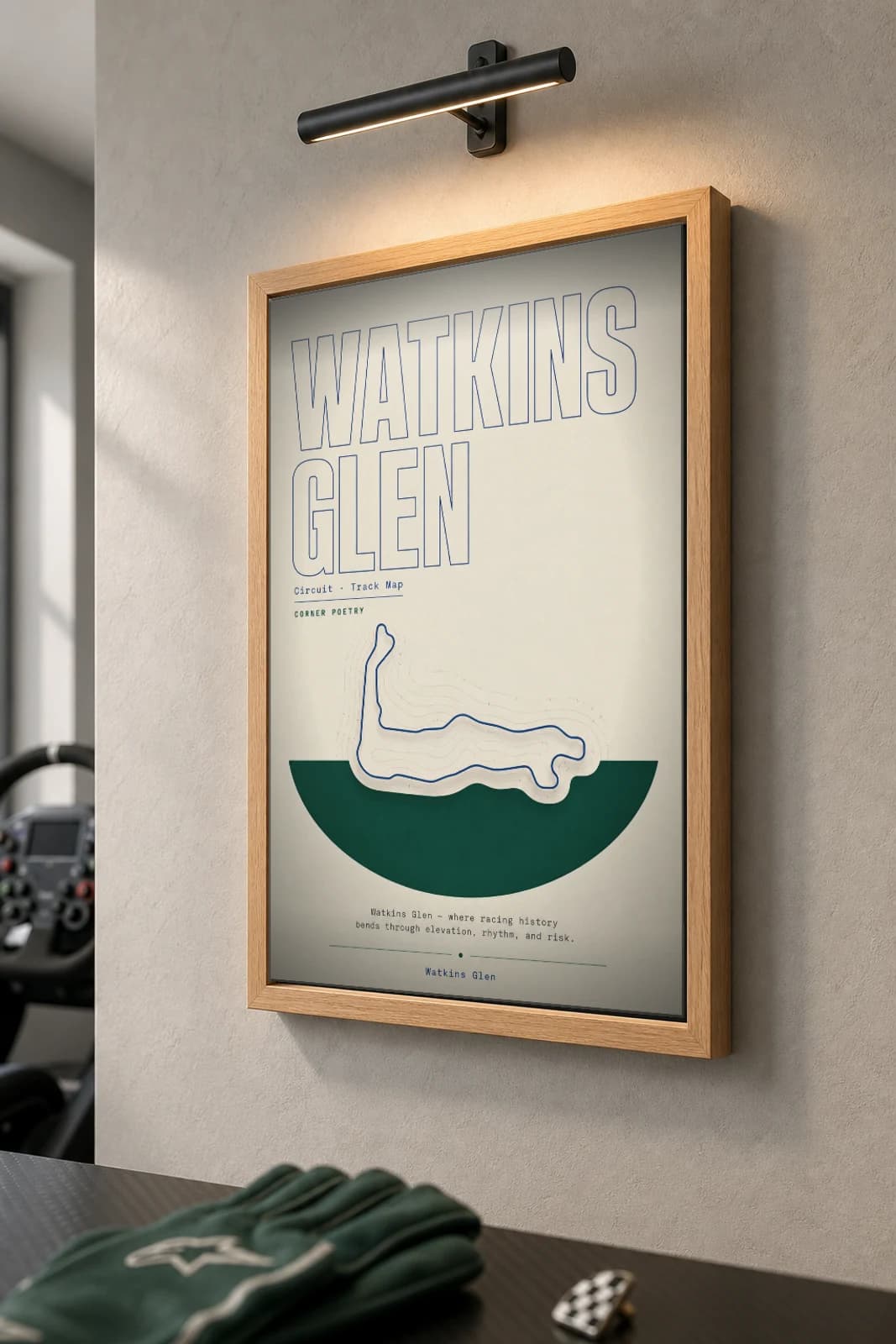 Watkins Glen International Poster — United States circuit map wall art · Formula 1 United States Grand Prix (1961–1980) track layout · framed A2 — the framed print shown at a three-quarter angle on a styled gallery wall in a natural-oak frame