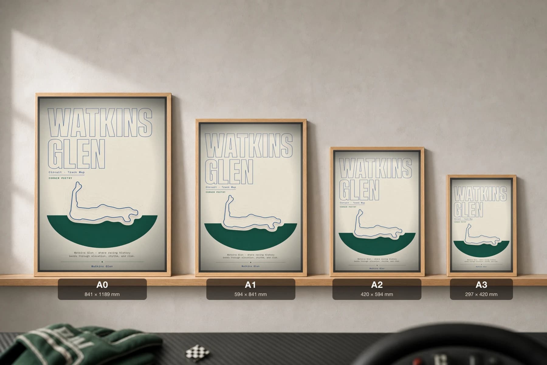 Watkins Glen International Poster — United States circuit map wall art · Formula 1 United States Grand Prix (1961–1980) track layout · framed A2 — print size guide showing the artwork at A0, A1, A2 and A3 in natural-oak frames at true relative scale