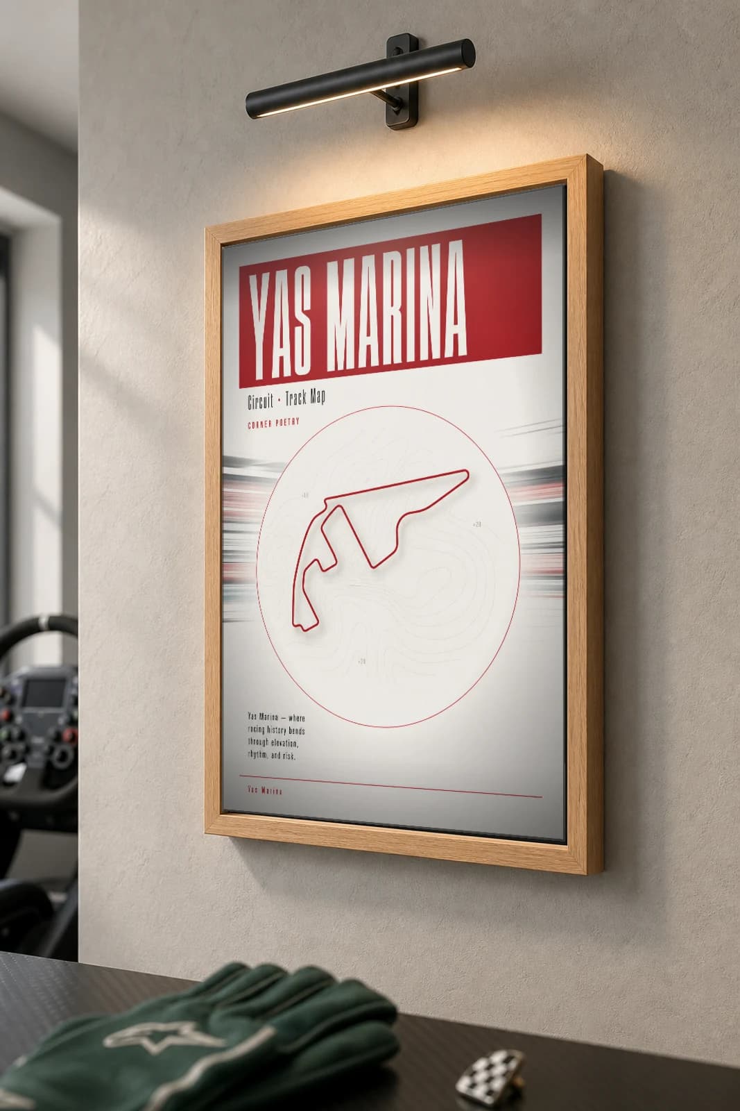 Yas Marina Circuit Poster — United Arab Emirates circuit map wall art · FIA Formula One World Championship track layout · framed A2 — the framed print shown at a three-quarter angle on a styled gallery wall in a natural-oak frame