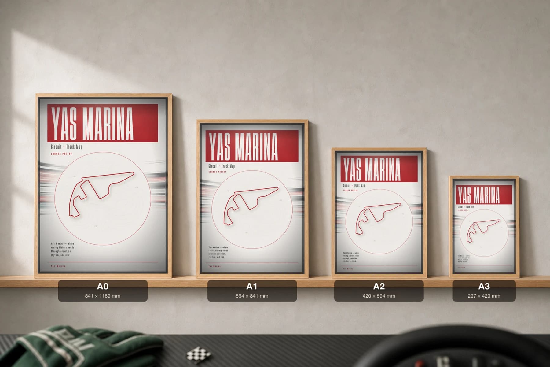 Yas Marina Circuit Poster — United Arab Emirates circuit map wall art · FIA Formula One World Championship track layout · framed A2 — print size guide showing the artwork at A0, A1, A2 and A3 in natural-oak frames at true relative scale