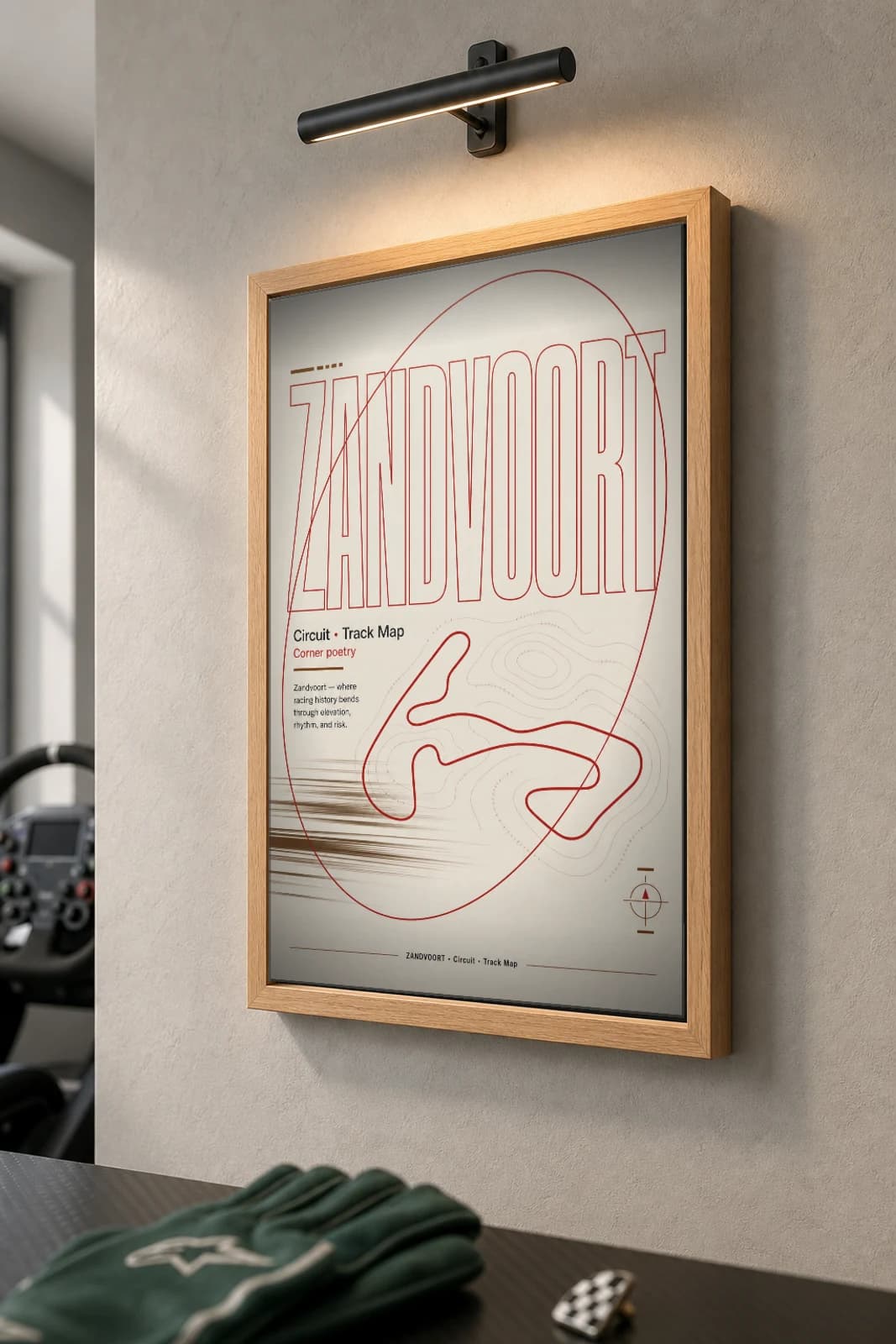 Circuit Zandvoort Poster — Netherlands circuit map wall art · FIA Formula One World Championship — Dutch Grand Prix track layout · framed A2 — the framed print shown at a three-quarter angle on a styled gallery wall in a natural-oak frame