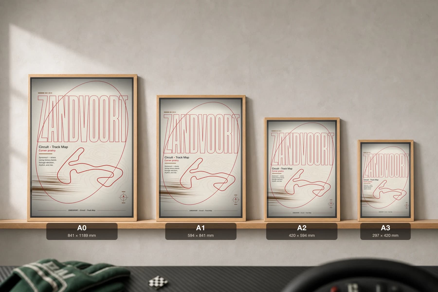 Circuit Zandvoort Poster — Netherlands circuit map wall art · FIA Formula One World Championship — Dutch Grand Prix track layout · framed A2 — print size guide showing the artwork at A0, A1, A2 and A3 in natural-oak frames at true relative scale