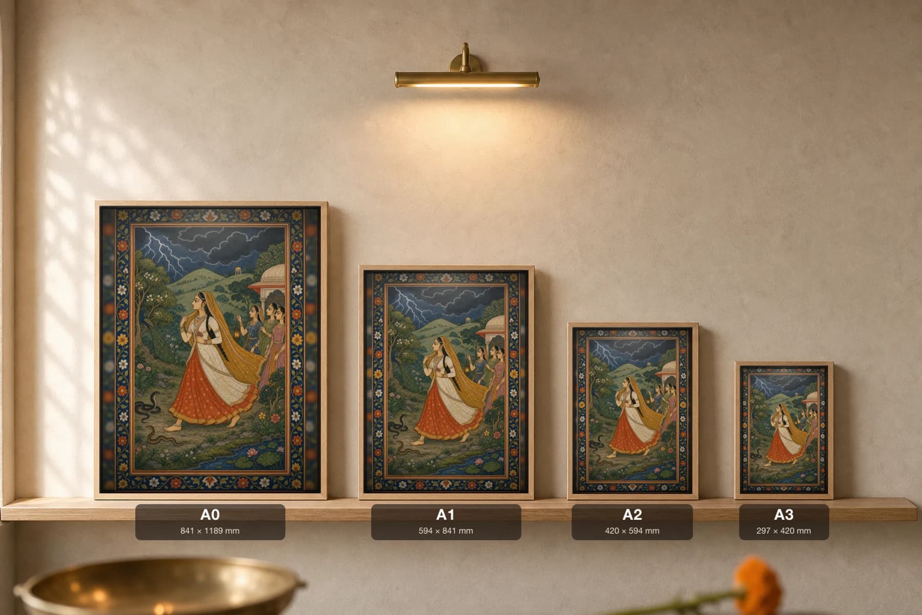 Abhisarika Nayika Rajput Miniature Print — Kangra Pahari night-journey heroine walking through storm and serpents · collector edition A2 — print size guide showing the artwork at A0, A1, A2 and A3 in natural-oak frames at true relative scale