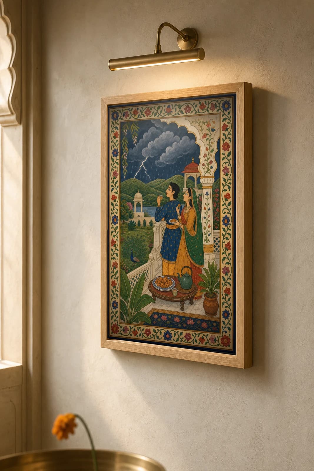 Monsoon Balcony Pakora Rajput Miniature Print — Kangra-style fusion, a couple watching the rains with hot pakoras and chai · collector edition A2 — the framed print shown at a three-quarter angle on a styled gallery wall in a natural-oak frame