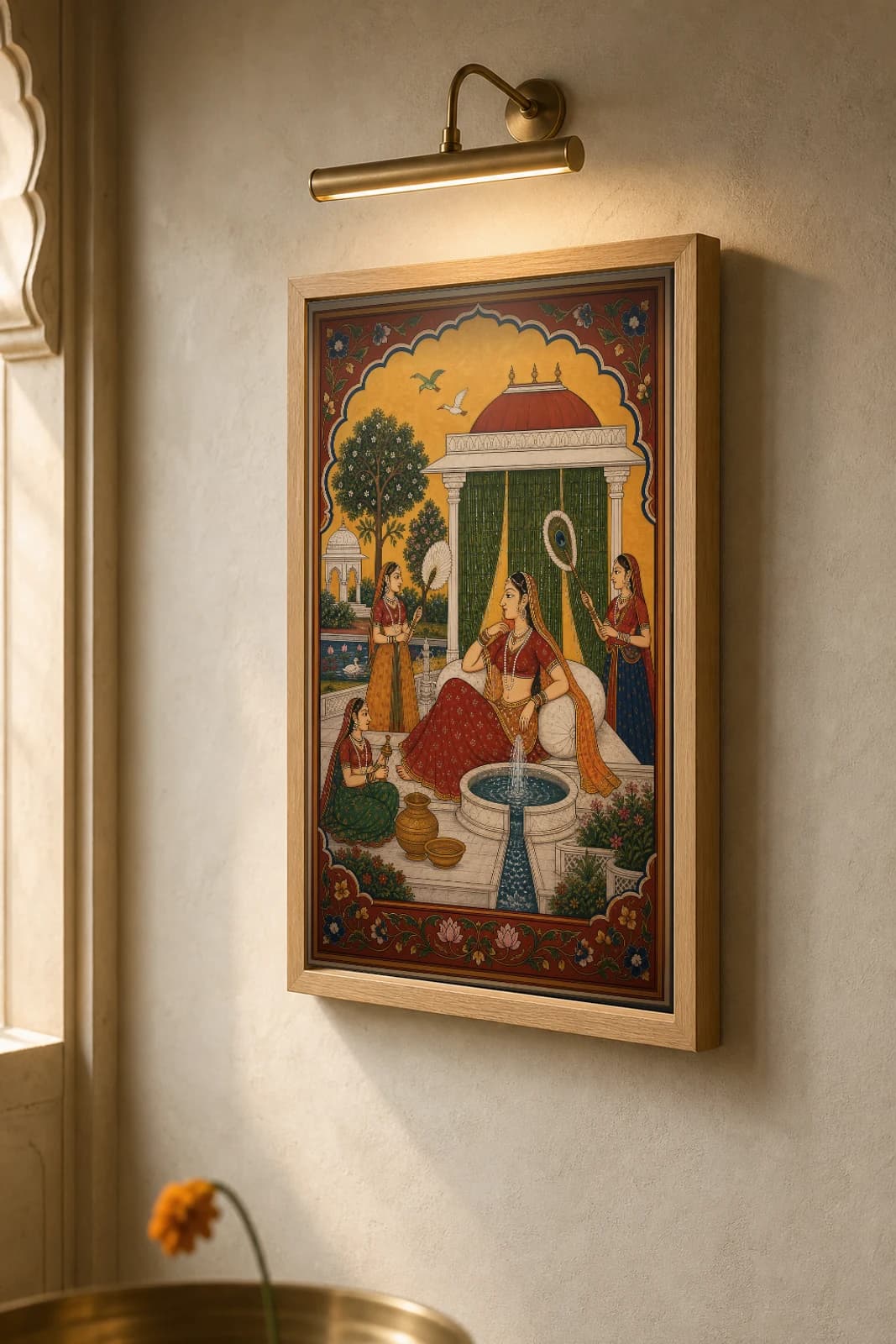 Grishma Baramasa Rajput Miniature Print — Marwar desert summer month, a lady cooled by fountain and khus screens · collector edition A2 — the framed print shown at a three-quarter angle on a styled gallery wall in a natural-oak frame