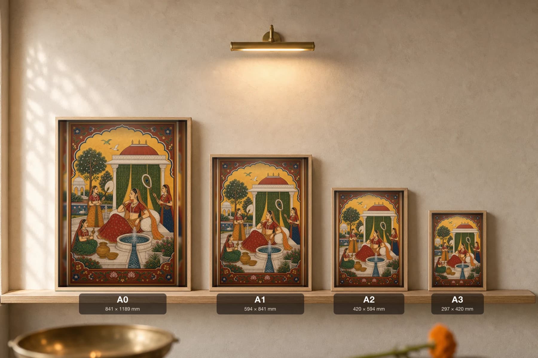 Grishma Baramasa Rajput Miniature Print — Marwar desert summer month, a lady cooled by fountain and khus screens · collector edition A2 — print size guide showing the artwork at A0, A1, A2 and A3 in natural-oak frames at true relative scale