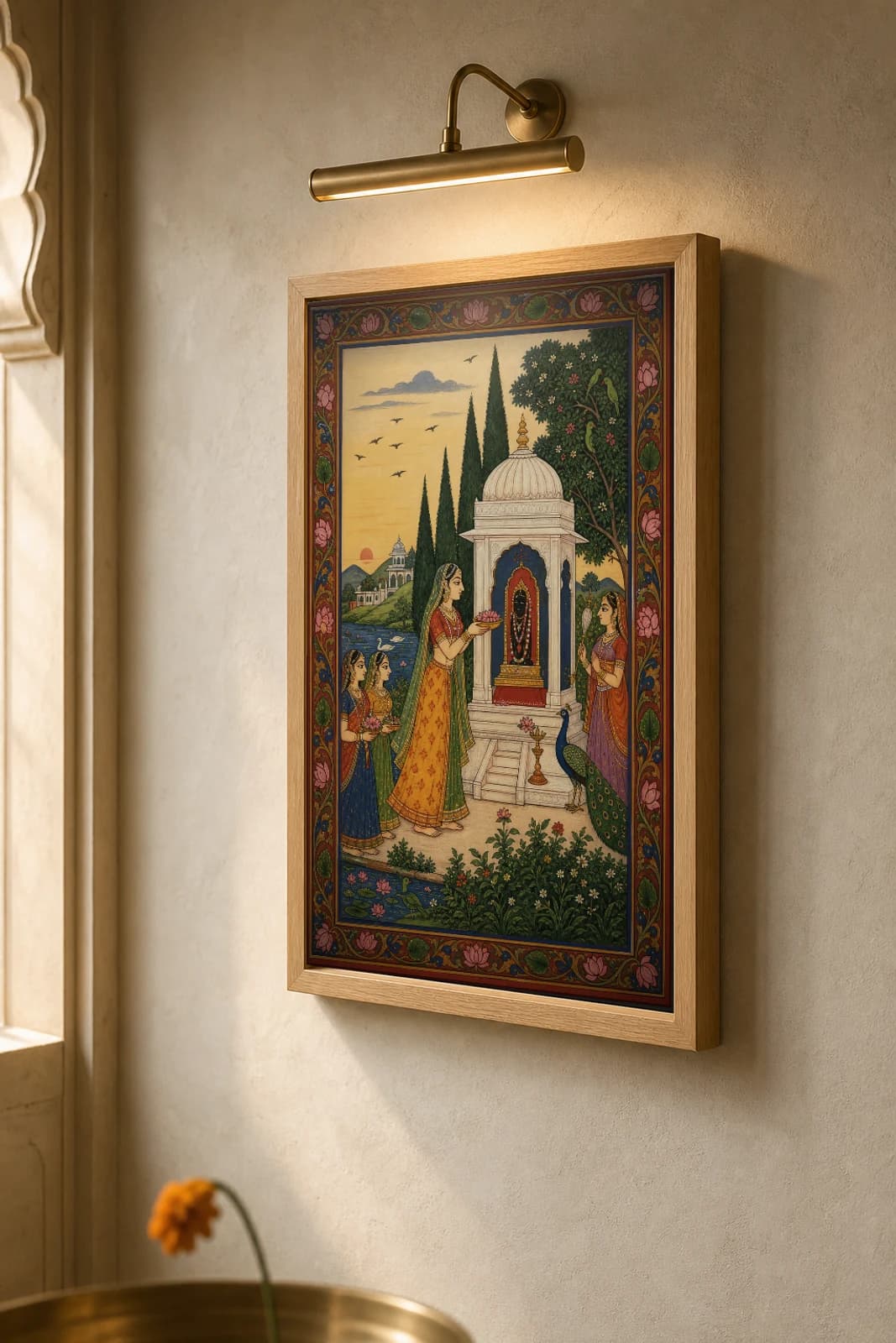 Bhairavi Ragini Rajput Miniature Print — Bundi dawn raga, a lady offering flowers at a shrine at first light · collector edition A2 — the framed print shown at a three-quarter angle on a styled gallery wall in a natural-oak frame