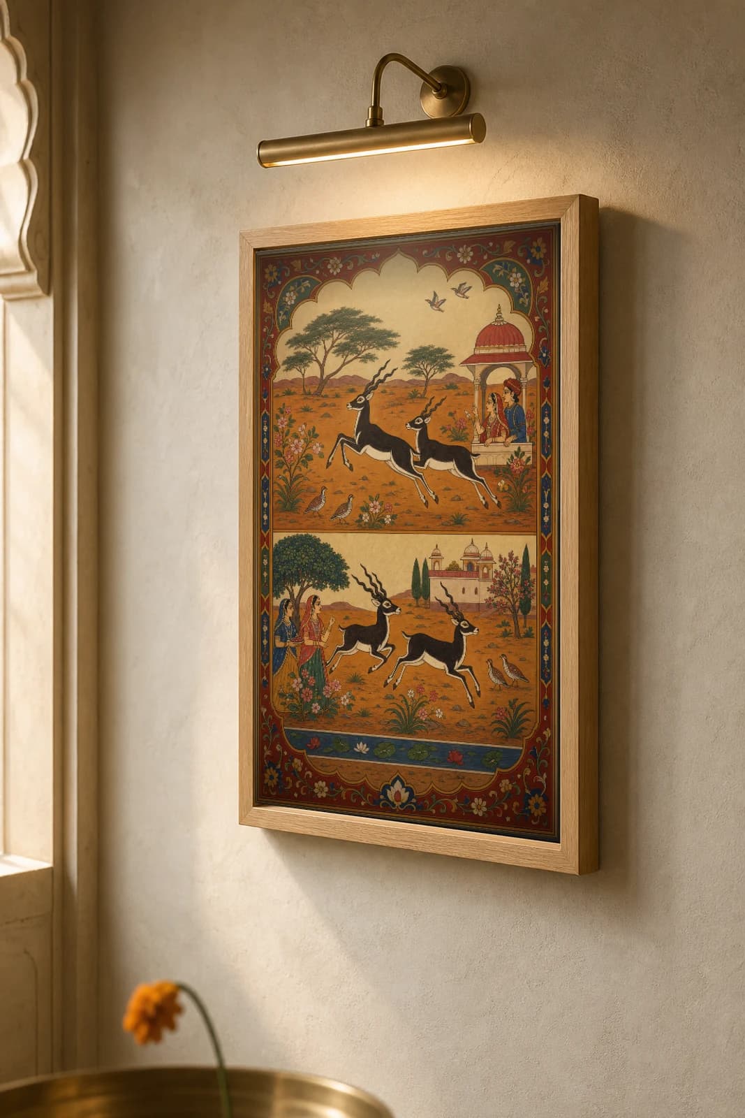Blackbuck Grove Rajput Miniature Print — Marwar antelope study in twin registers across the desert grove · collector edition A2 — the framed print shown at a three-quarter angle on a styled gallery wall in a natural-oak frame