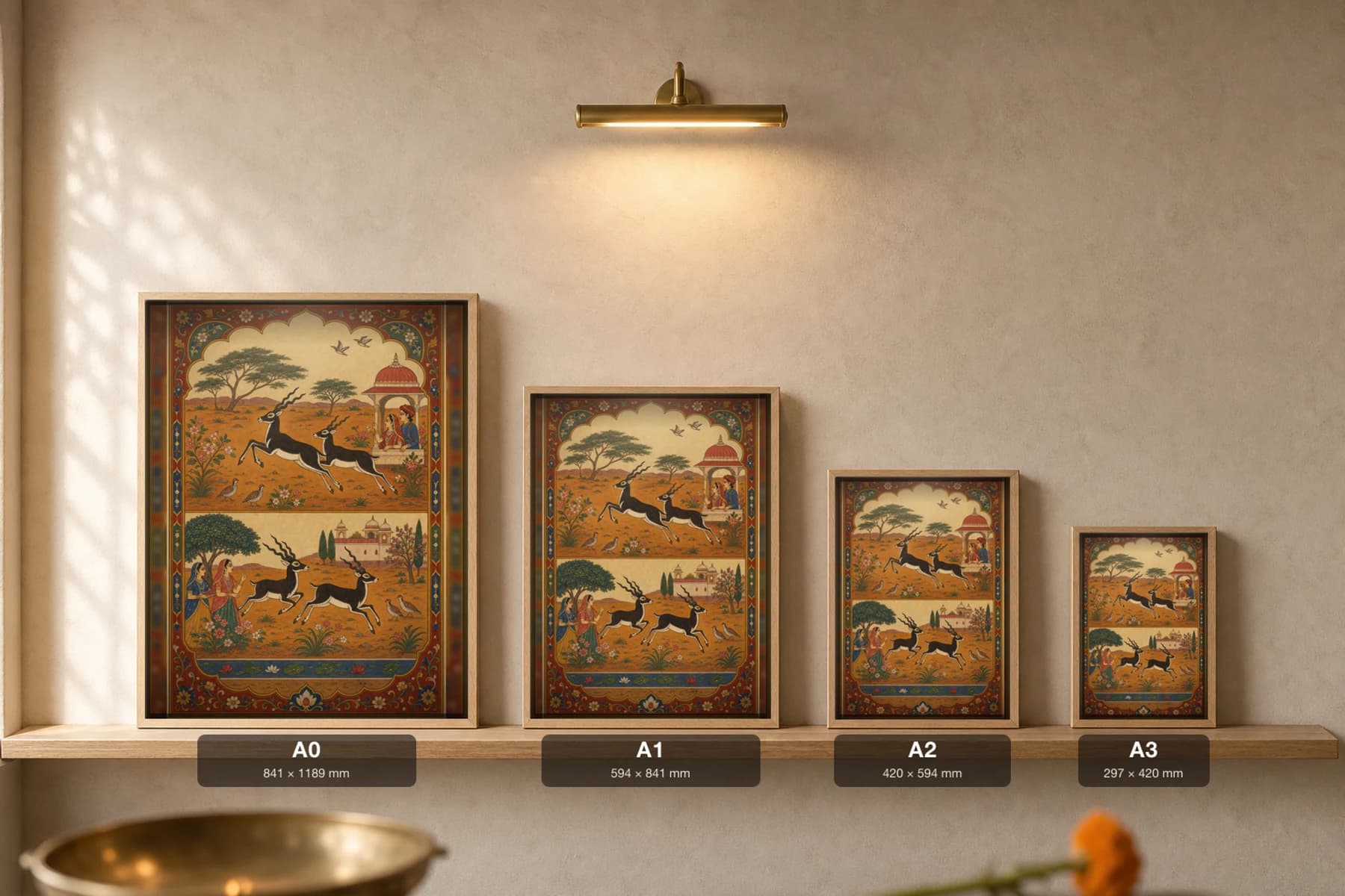 Blackbuck Grove Rajput Miniature Print — Marwar antelope study in twin registers across the desert grove · collector edition A2 — print size guide showing the artwork at A0, A1, A2 and A3 in natural-oak frames at true relative scale