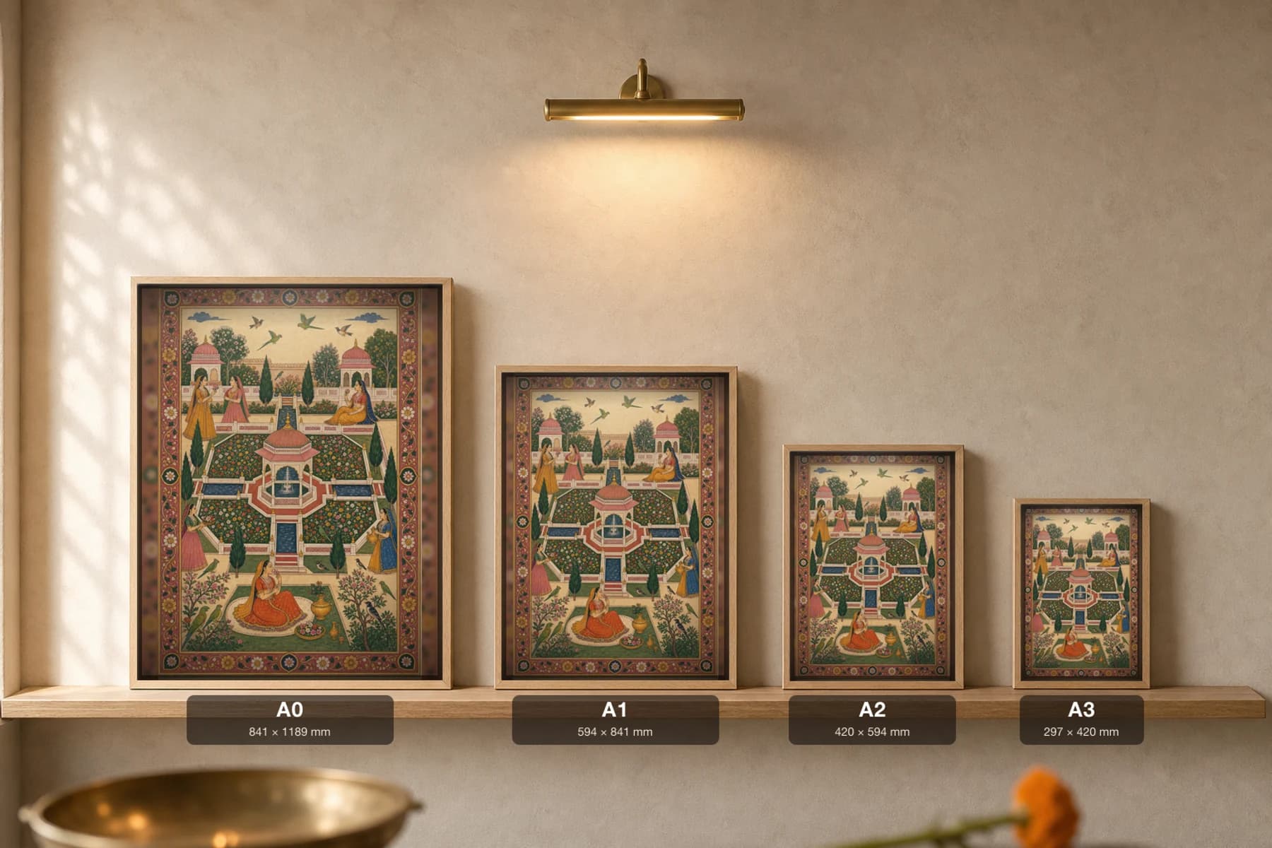 Char Bagh Rajput Miniature Print — Amber fourfold paradise garden seen from above, water channels and a central fountain · collector edition A2 — print size guide showing the artwork at A0, A1, A2 and A3 in natural-oak frames at true relative scale