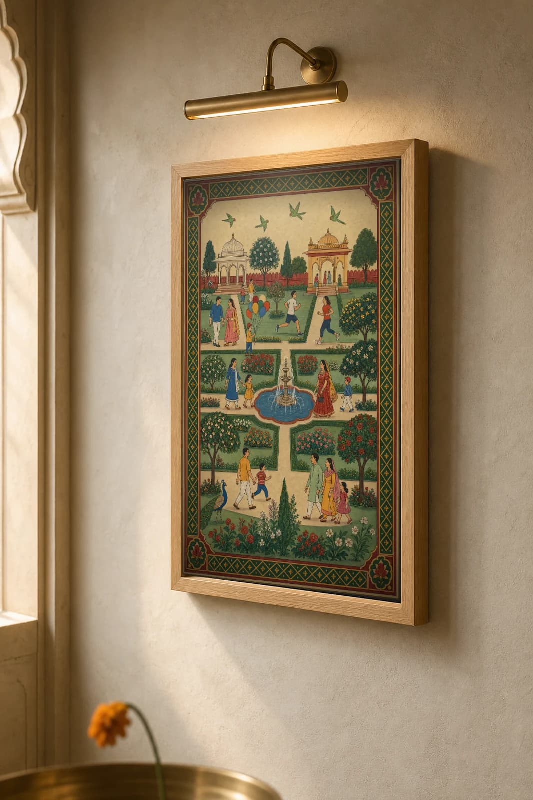 Nagar Bagh — City Botanical Garden Rajput Miniature Art Print · collector edition A2 · families strolling a quartered public garden with a central fountain, Amber–Jaipur char-bagh grammar — the framed print shown at a three-quarter angle on a styled gallery wall in a natural-oak frame