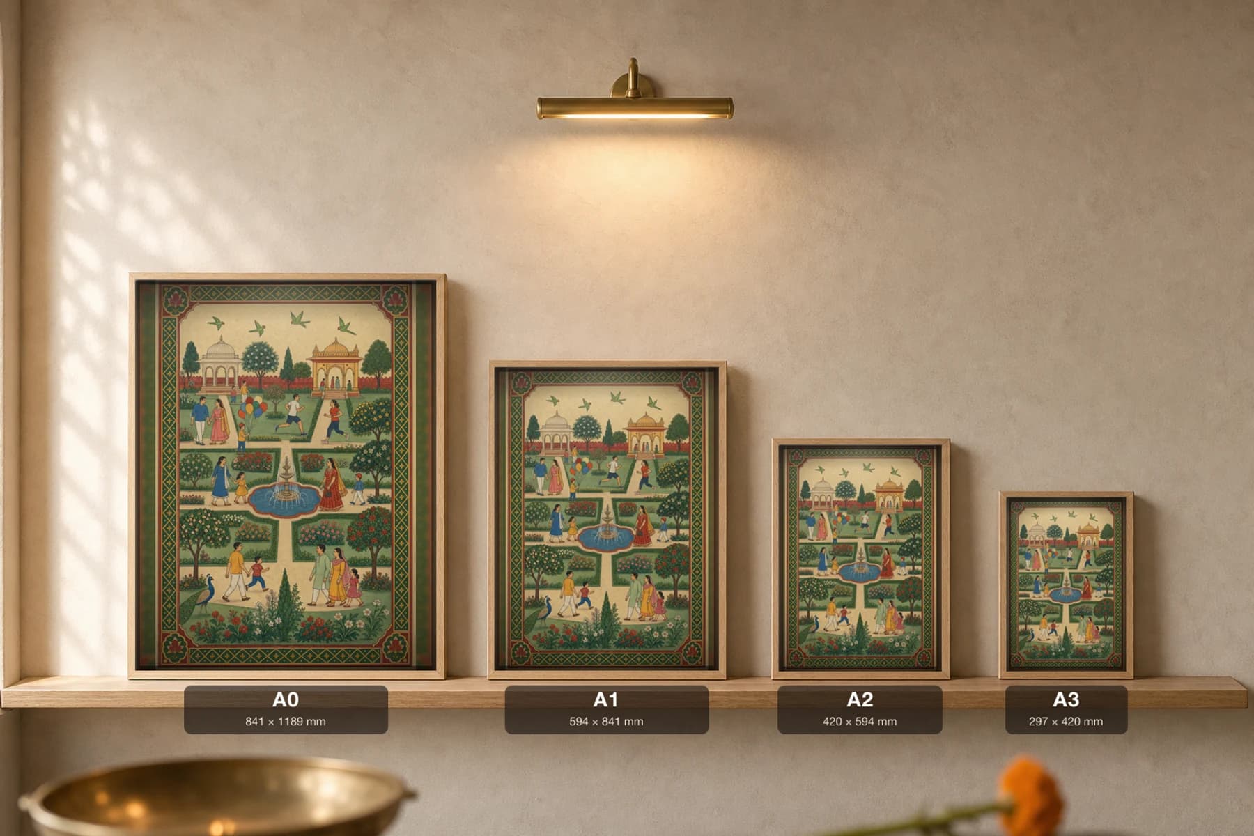Nagar Bagh — City Botanical Garden Rajput Miniature Art Print · collector edition A2 · families strolling a quartered public garden with a central fountain, Amber–Jaipur char-bagh grammar — print size guide showing the artwork at A0, A1, A2 and A3 in natural-oak frames at true relative scale