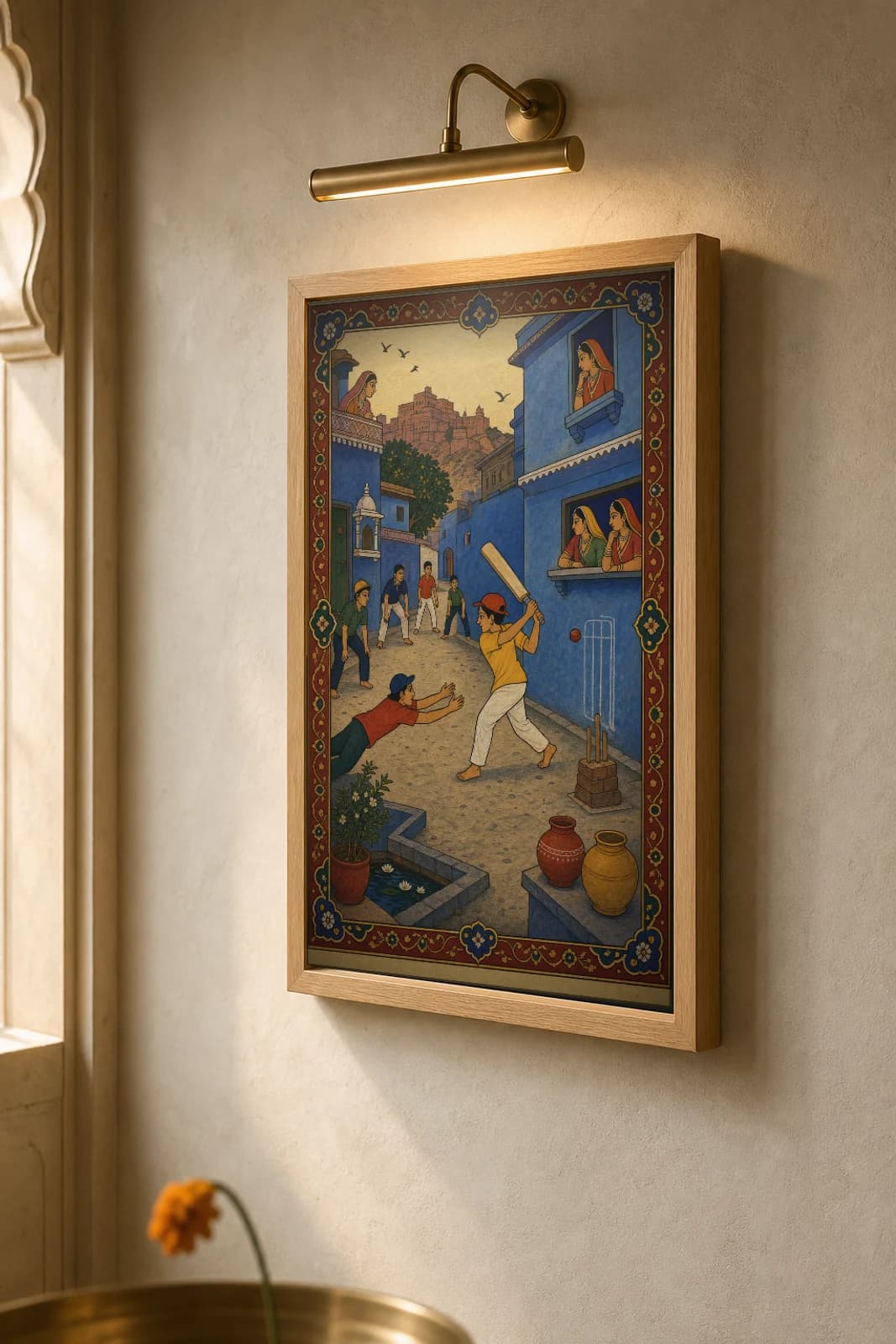 Gali Cricket — Street Cricket in the Blue City Rajput Miniature Art Print · collector edition A2 · boys at a gully match in a Jodhpur-blue lane below the fort, Marwar grammar — the framed print shown at a three-quarter angle on a styled gallery wall in a natural-oak frame