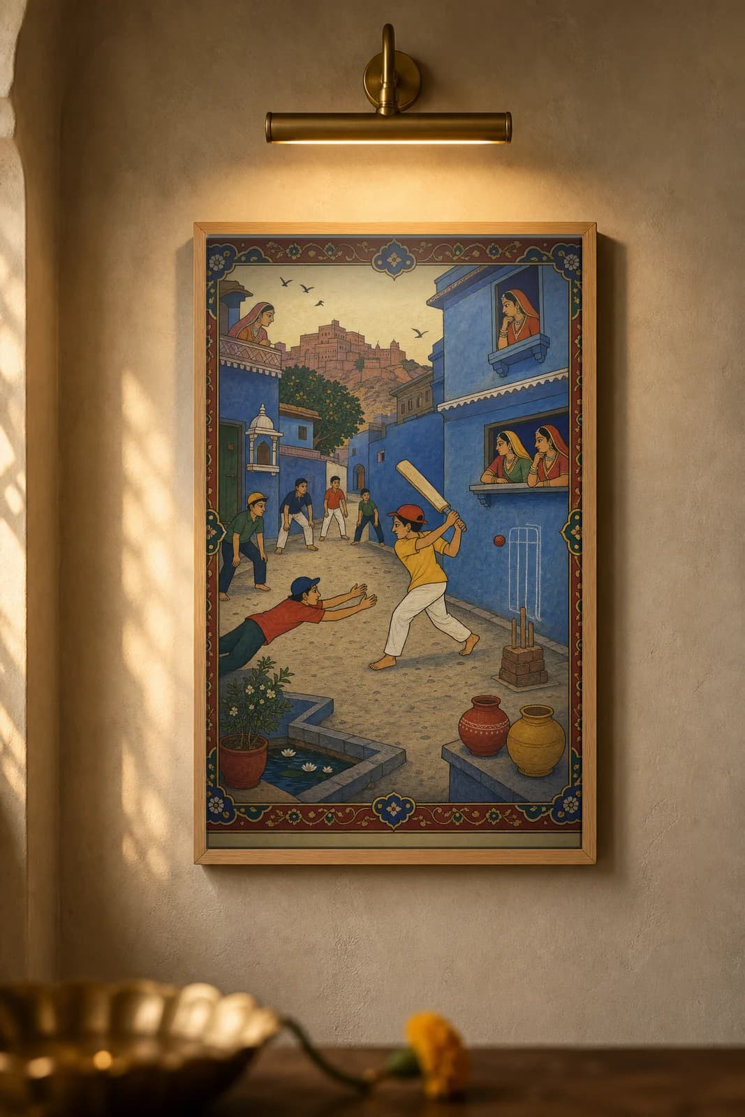 Gali Cricket — framed museum print, Rajput Miniature