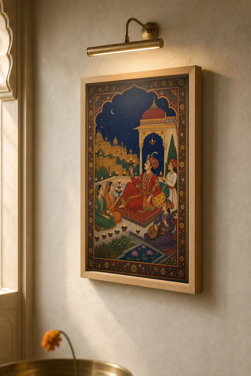 Dipak Raga Rajput Miniature Print — Marwar fire-raga of a hundred lamps on a night terrace · collector edition A2 — the framed print shown at a three-quarter angle on a styled gallery wall in a natural-oak frame