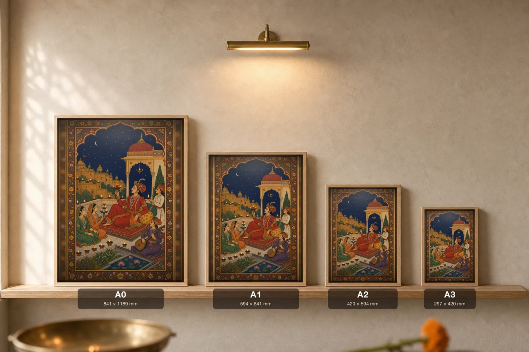 Dipak Raga Rajput Miniature Print — Marwar fire-raga of a hundred lamps on a night terrace · collector edition A2 — print size guide showing the artwork at A0, A1, A2 and A3 in natural-oak frames at true relative scale