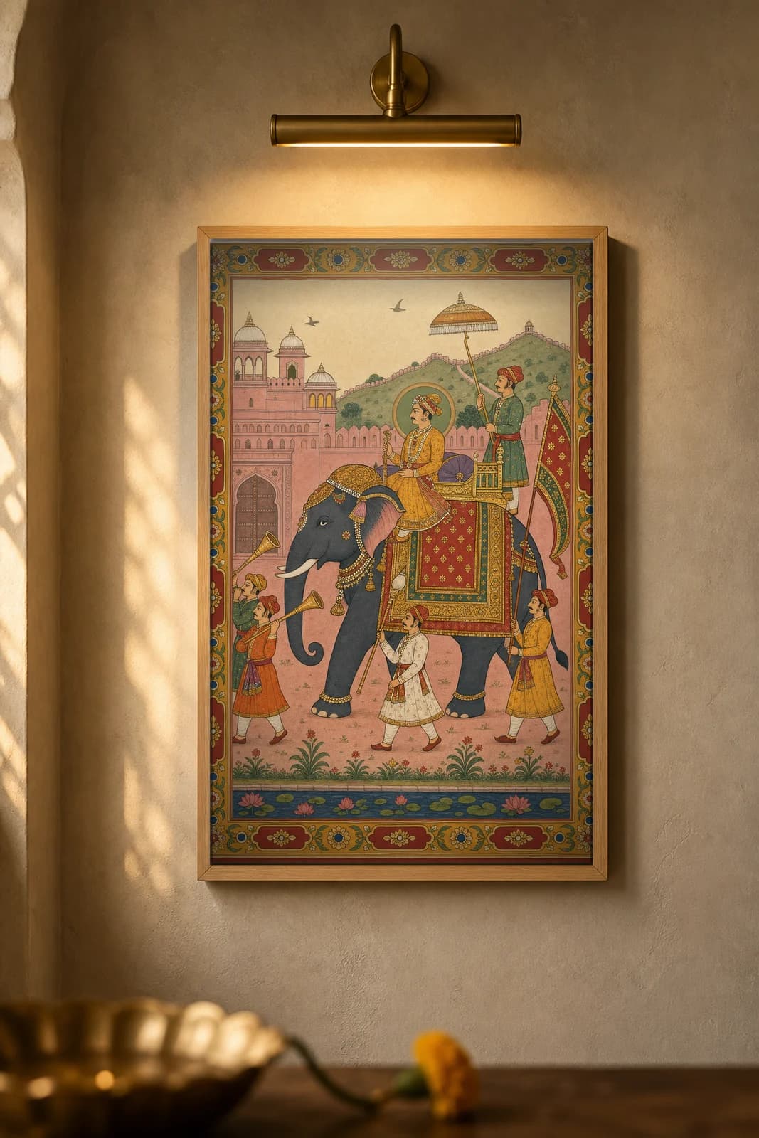 Gaj Sawari — Elephant Procession — framed museum print, Rajput Miniature