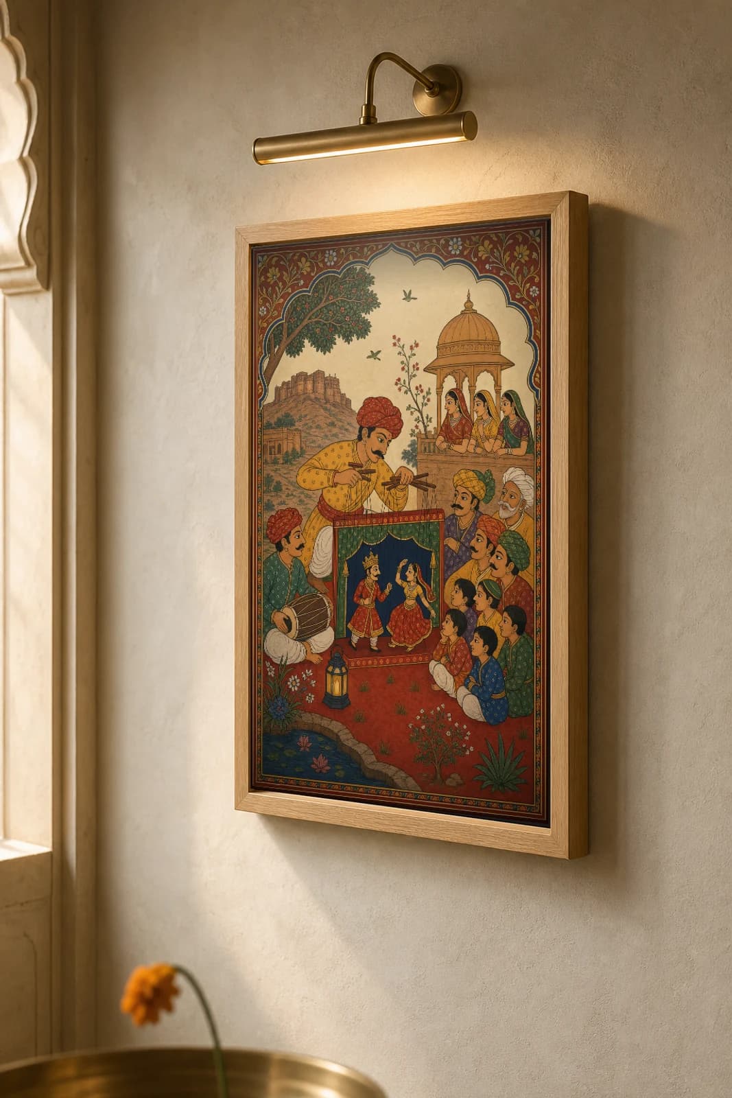 Kathputli Khel — Rajasthani String-Puppet Show Rajput Miniature Art Print · collector edition A2 · a puppeteer working string marionettes before children and elders, Marwar grammar — the framed print shown at a three-quarter angle on a styled gallery wall in a natural-oak frame