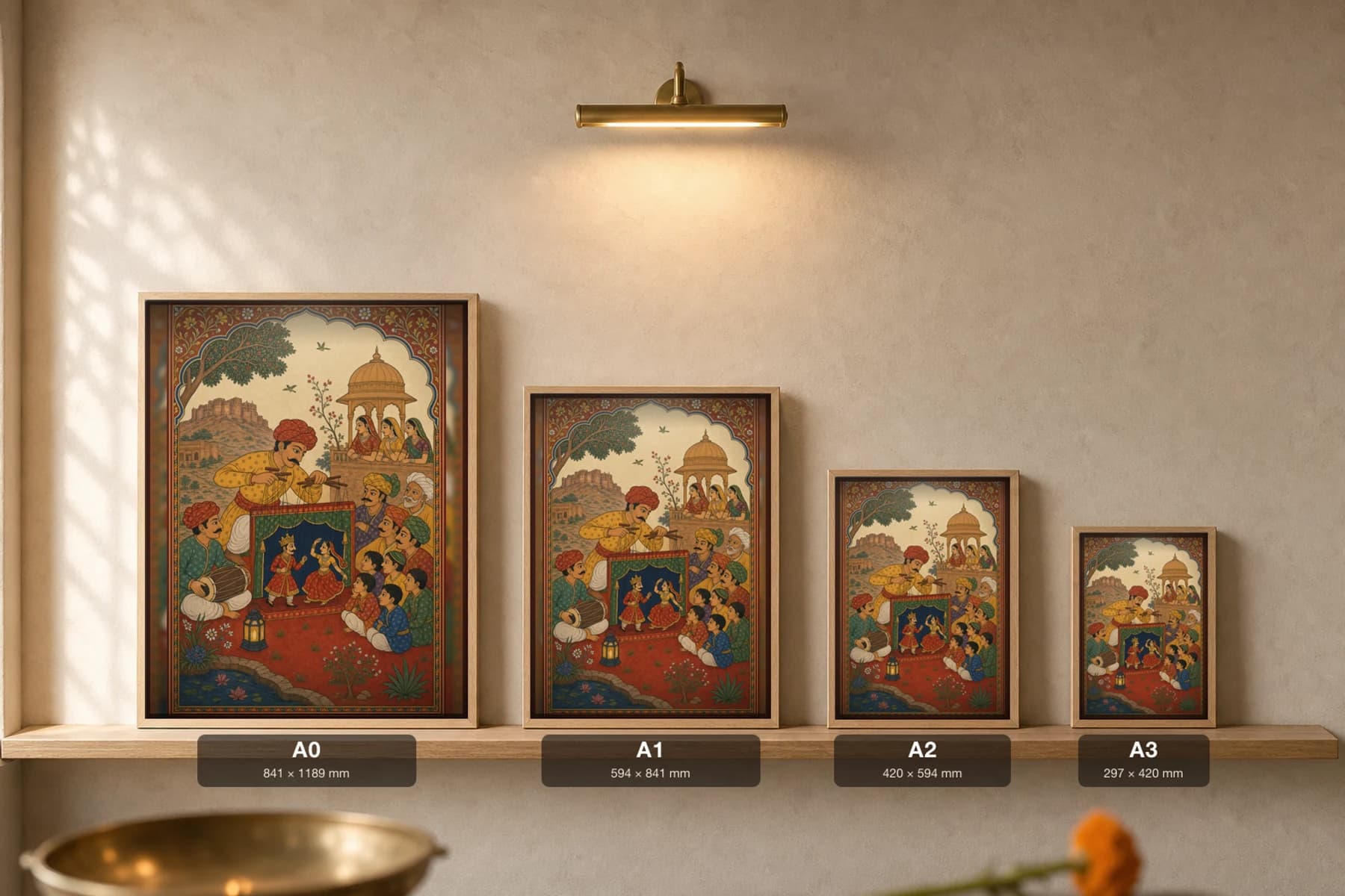 Kathputli Khel — Rajasthani String-Puppet Show Rajput Miniature Art Print · collector edition A2 · a puppeteer working string marionettes before children and elders, Marwar grammar — print size guide showing the artwork at A0, A1, A2 and A3 in natural-oak frames at true relative scale