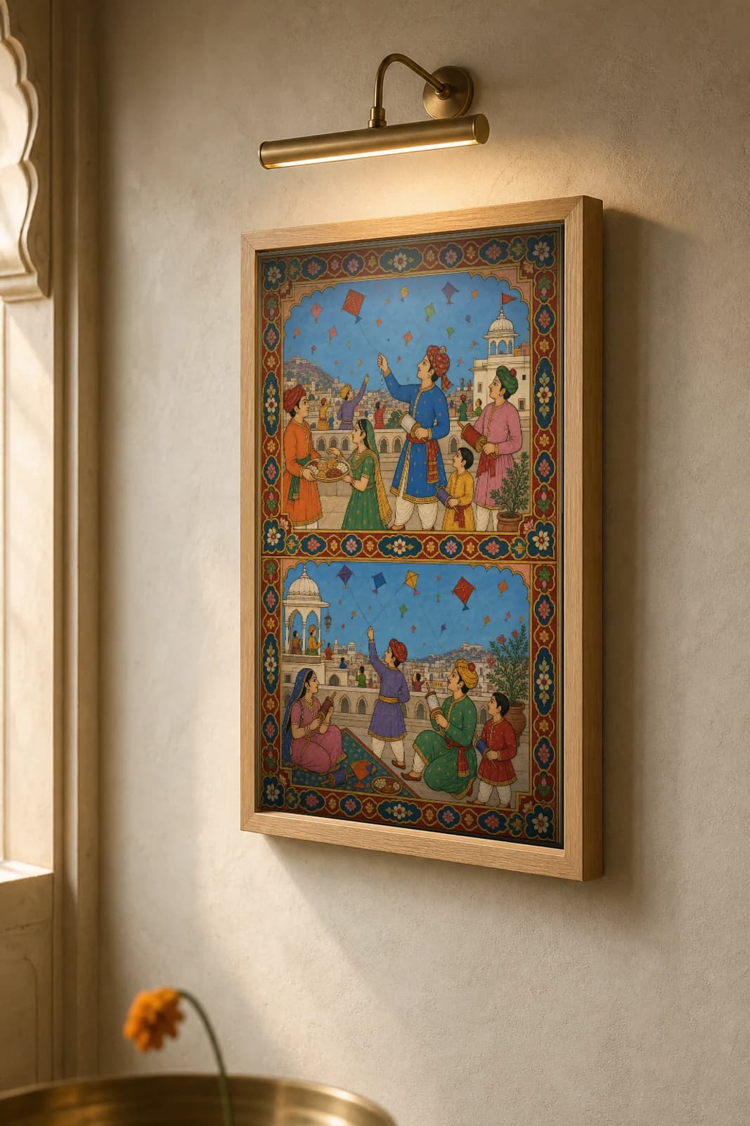 Patang Parv — Makar Sankranti Kite Festival Rajput Miniature Art Print · collector edition A2 · families flying kites from city rooftops in a sky full of patang, Amber–Jaipur grammar — the framed print shown at a three-quarter angle on a styled gallery wall in a natural-oak frame