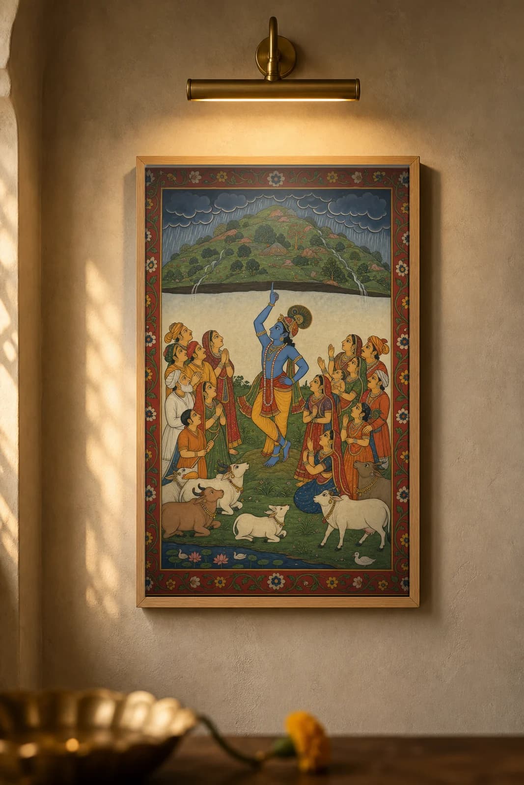 Govardhan Lift — framed museum print, Rajput Miniature
