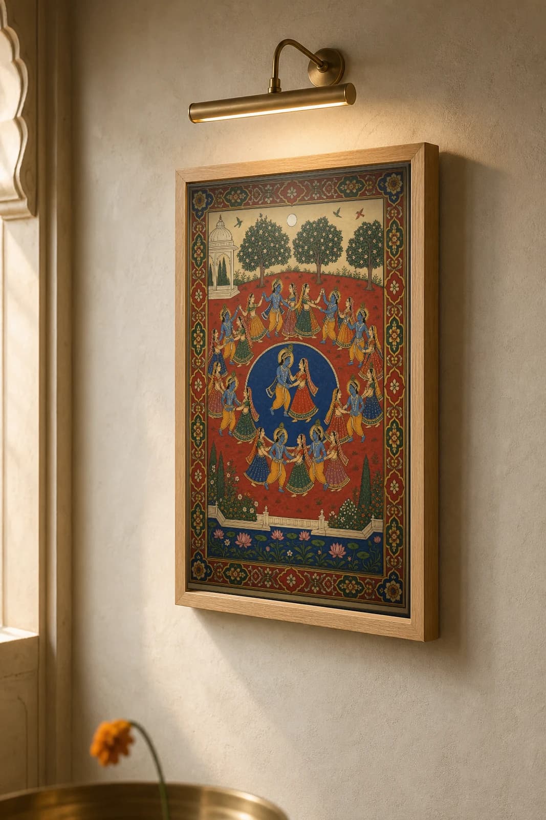 Raas Leela Rajput Miniature Print — Mewar Krishna-lila, the moonlit circle dance of Krishna and the gopis · collector edition A2 — the framed print shown at a three-quarter angle on a styled gallery wall in a natural-oak frame
