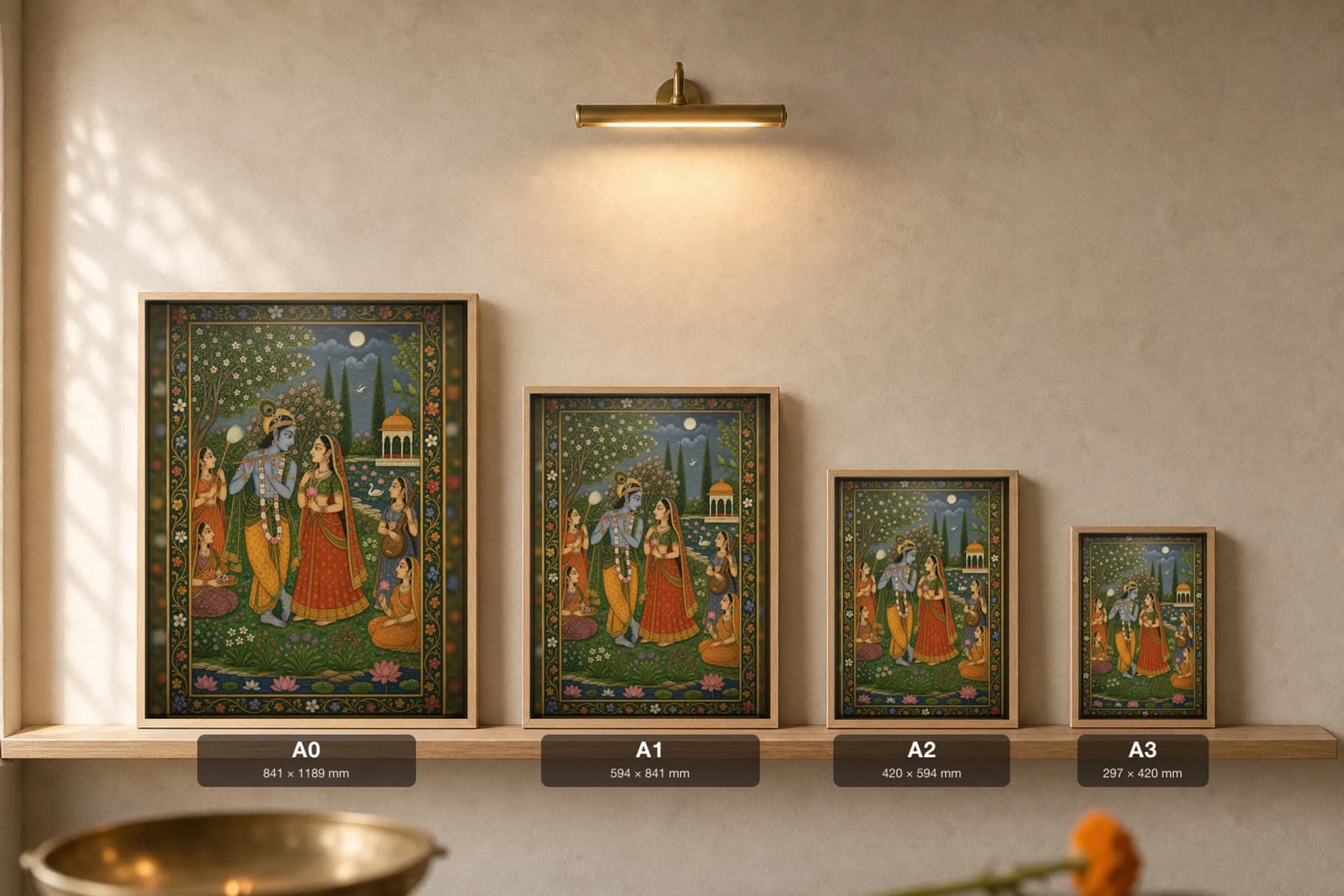 Radha Krishna Kunj Rajput Miniature Print — Kishangarh Krishna-lila, the idealized lovers in a moonlit flowering bower · collector edition A2 — print size guide showing the artwork at A0, A1, A2 and A3 in natural-oak frames at true relative scale