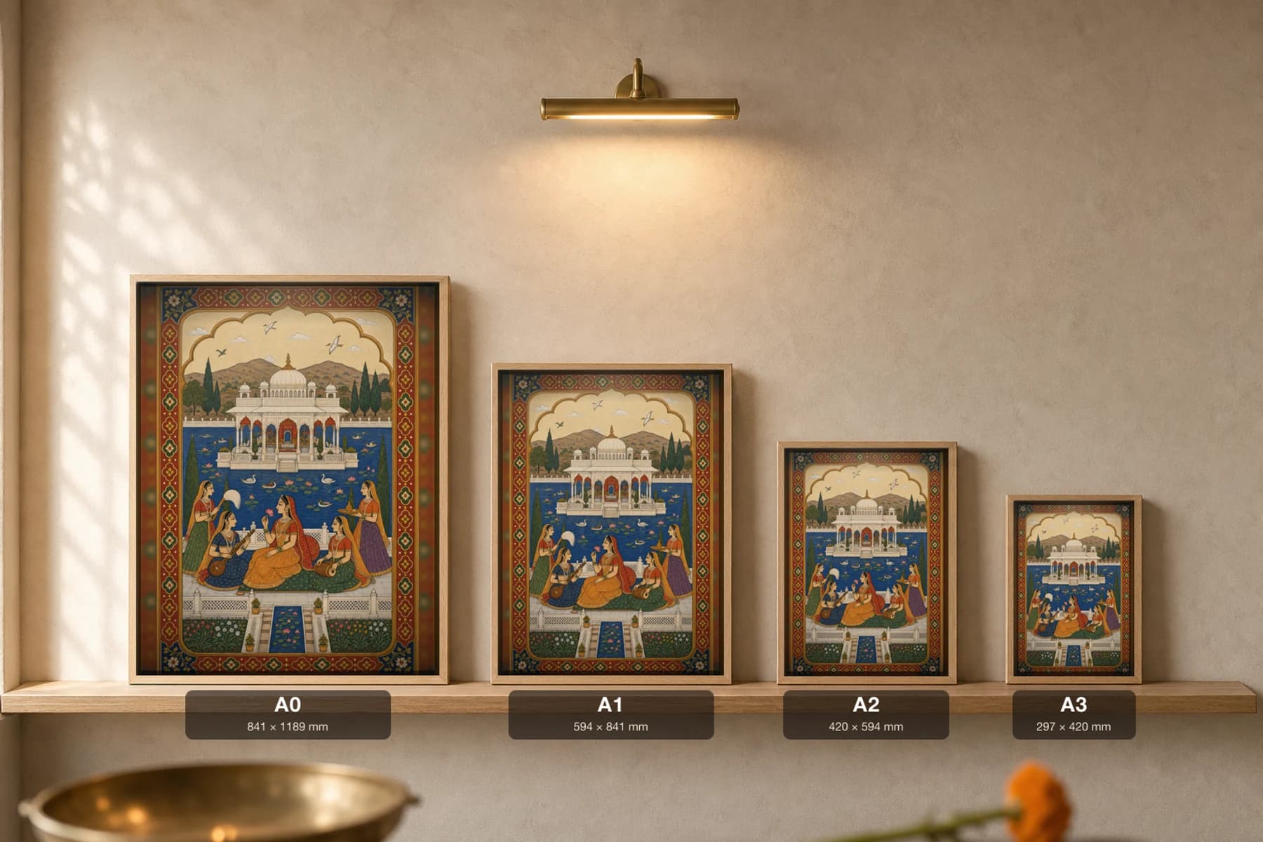 Jal Mahal — Mewar Lake-Palace Pavilion Rajput Miniature Art Print · collector edition A2 · white marble jharokha pavilion on a lapis Udaipur lake — print size guide showing the artwork at A0, A1, A2 and A3 in natural-oak frames at true relative scale