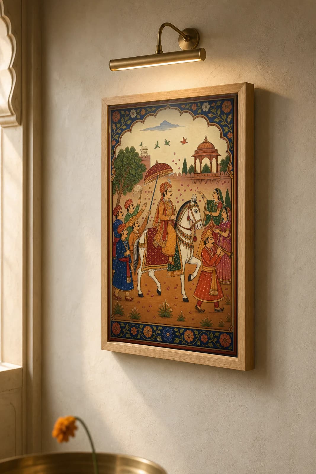 Ghodi Baarat — Marwari Horse Wedding Parade Rajput Miniature Art Print · collector edition A2 · contemporary baraat retold as a Marwar court cavalcade — the framed print shown at a three-quarter angle on a styled gallery wall in a natural-oak frame
