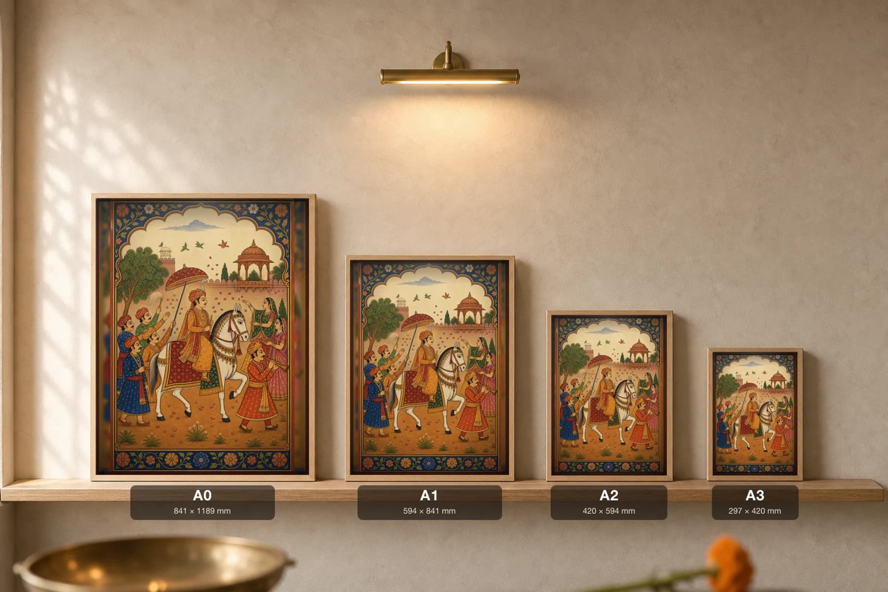 Ghodi Baarat — Marwari Horse Wedding Parade Rajput Miniature Art Print · collector edition A2 · contemporary baraat retold as a Marwar court cavalcade — print size guide showing the artwork at A0, A1, A2 and A3 in natural-oak frames at true relative scale