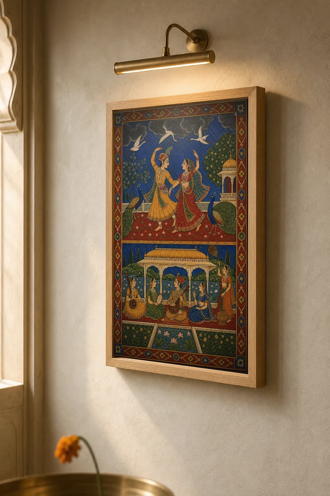 Megh Malhar — Mewar Monsoon Ragamala Rajput Miniature Art Print · collector edition A2 · the rain raga of dancing peacocks in a twin-register storm scene — the framed print shown at a three-quarter angle on a styled gallery wall in a natural-oak frame