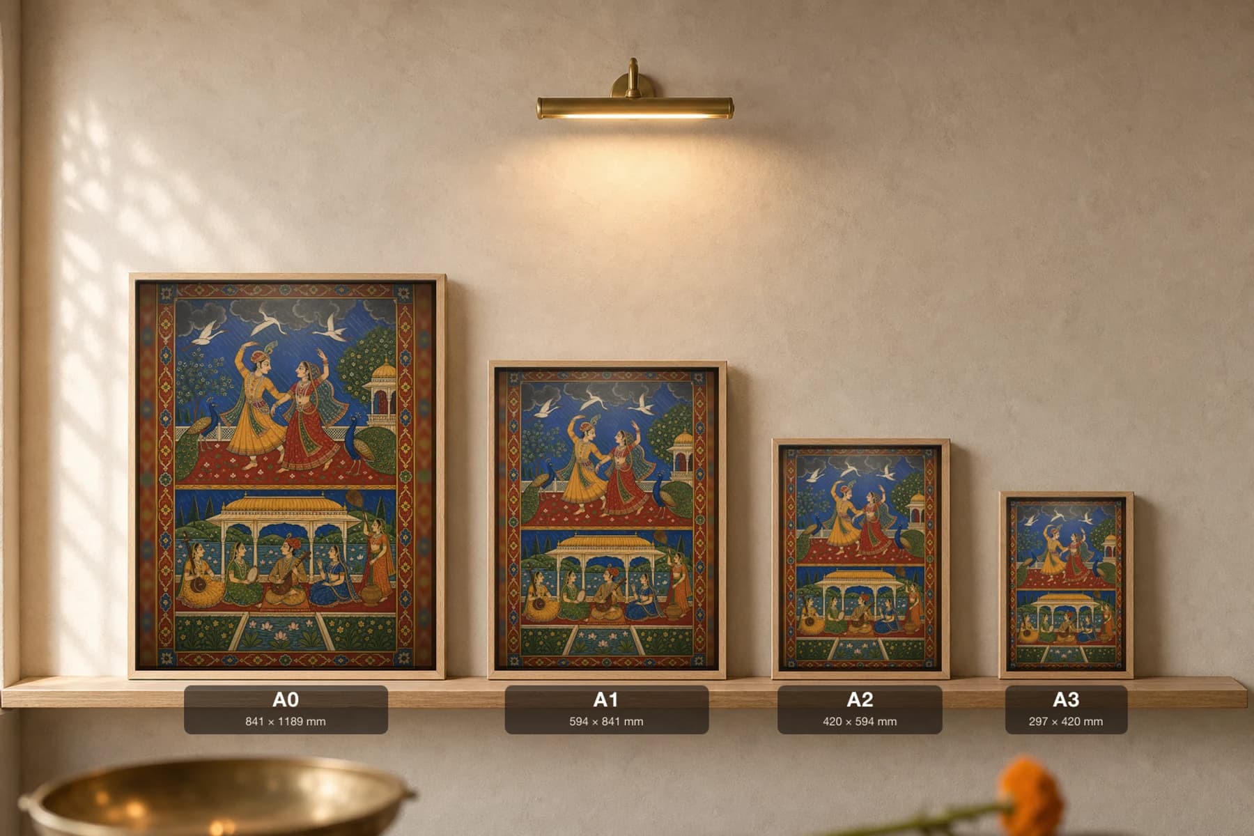 Megh Malhar — Mewar Monsoon Ragamala Rajput Miniature Art Print · collector edition A2 · the rain raga of dancing peacocks in a twin-register storm scene — print size guide showing the artwork at A0, A1, A2 and A3 in natural-oak frames at true relative scale