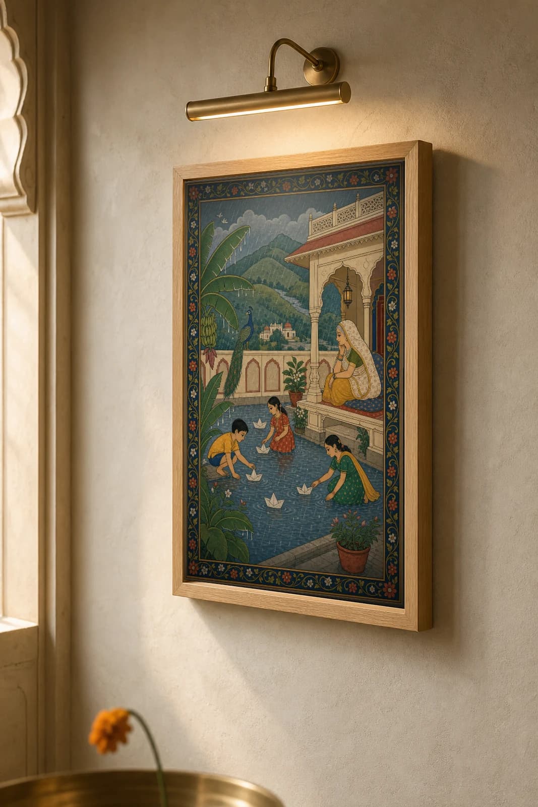 Barsaat Aangan — Monsoon Courtyard Rajput Miniature Art Print · collector edition A2 · children floating paper boats in the first Sawan rain, Kangra grammar — the framed print shown at a three-quarter angle on a styled gallery wall in a natural-oak frame