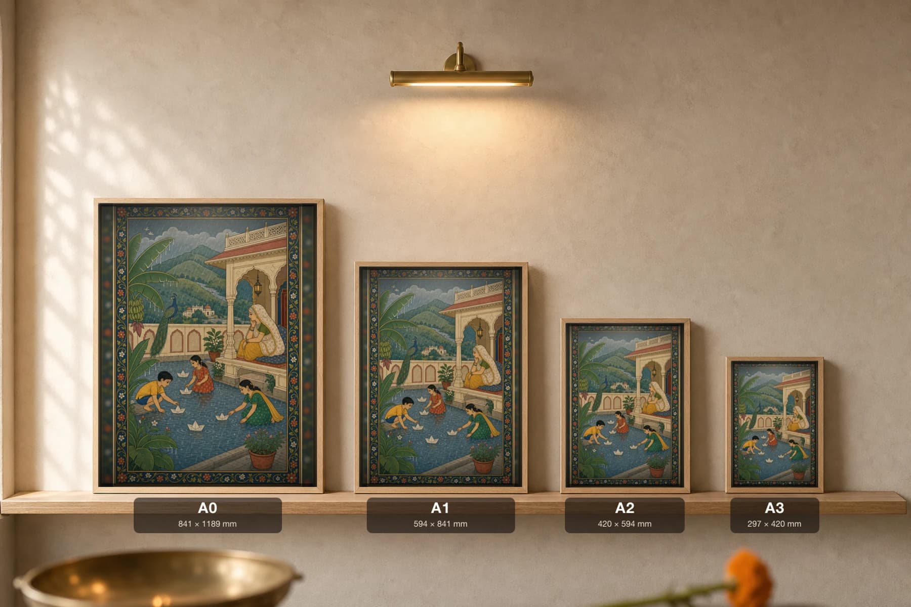 Barsaat Aangan — Monsoon Courtyard Rajput Miniature Art Print · collector edition A2 · children floating paper boats in the first Sawan rain, Kangra grammar — print size guide showing the artwork at A0, A1, A2 and A3 in natural-oak frames at true relative scale