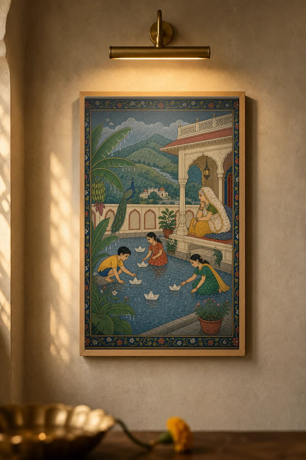 Barsaat Aangan — framed museum print, Rajput Miniature