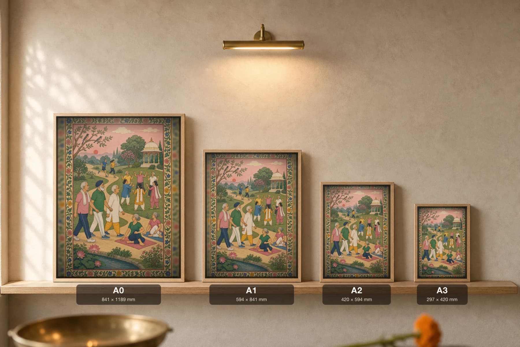 Prabhat Bhraman — Morning Walk in the Park Rajput Miniature Art Print · collector edition A2 · dawn walkers, joggers and a laughter club in soft Pahari naturalism — print size guide showing the artwork at A0, A1, A2 and A3 in natural-oak frames at true relative scale