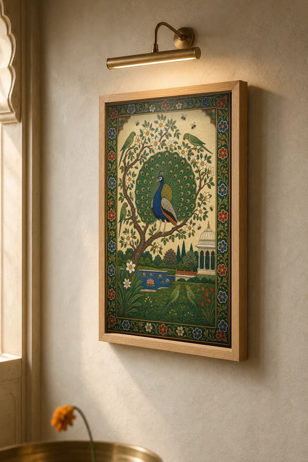 Mor Kunj — Peacock in the Flowering Grove Rajput Miniature Art Print · collector edition A2 · a Bundi peacock displaying in a blossoming champa tree — the framed print shown at a three-quarter angle on a styled gallery wall in a natural-oak frame