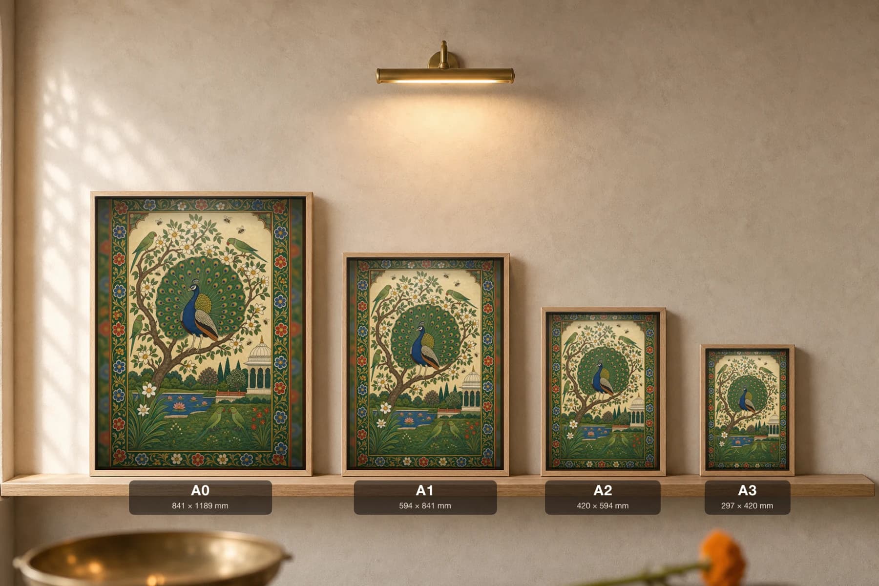 Mor Kunj — Peacock in the Flowering Grove Rajput Miniature Art Print · collector edition A2 · a Bundi peacock displaying in a blossoming champa tree — print size guide showing the artwork at A0, A1, A2 and A3 in natural-oak frames at true relative scale