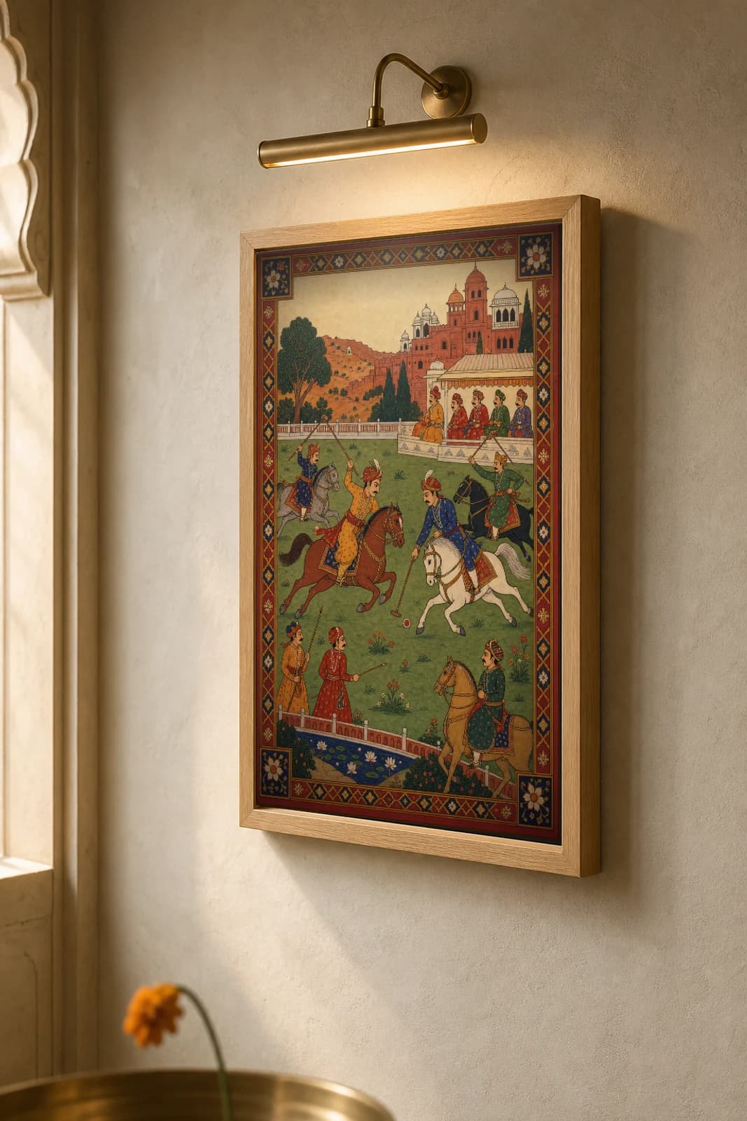 Chaugan Polo — Marwar Polo Match Rajput Miniature Art Print · collector edition A2 · nobles on galloping horses swinging mallets across a flat green field — the framed print shown at a three-quarter angle on a styled gallery wall in a natural-oak frame