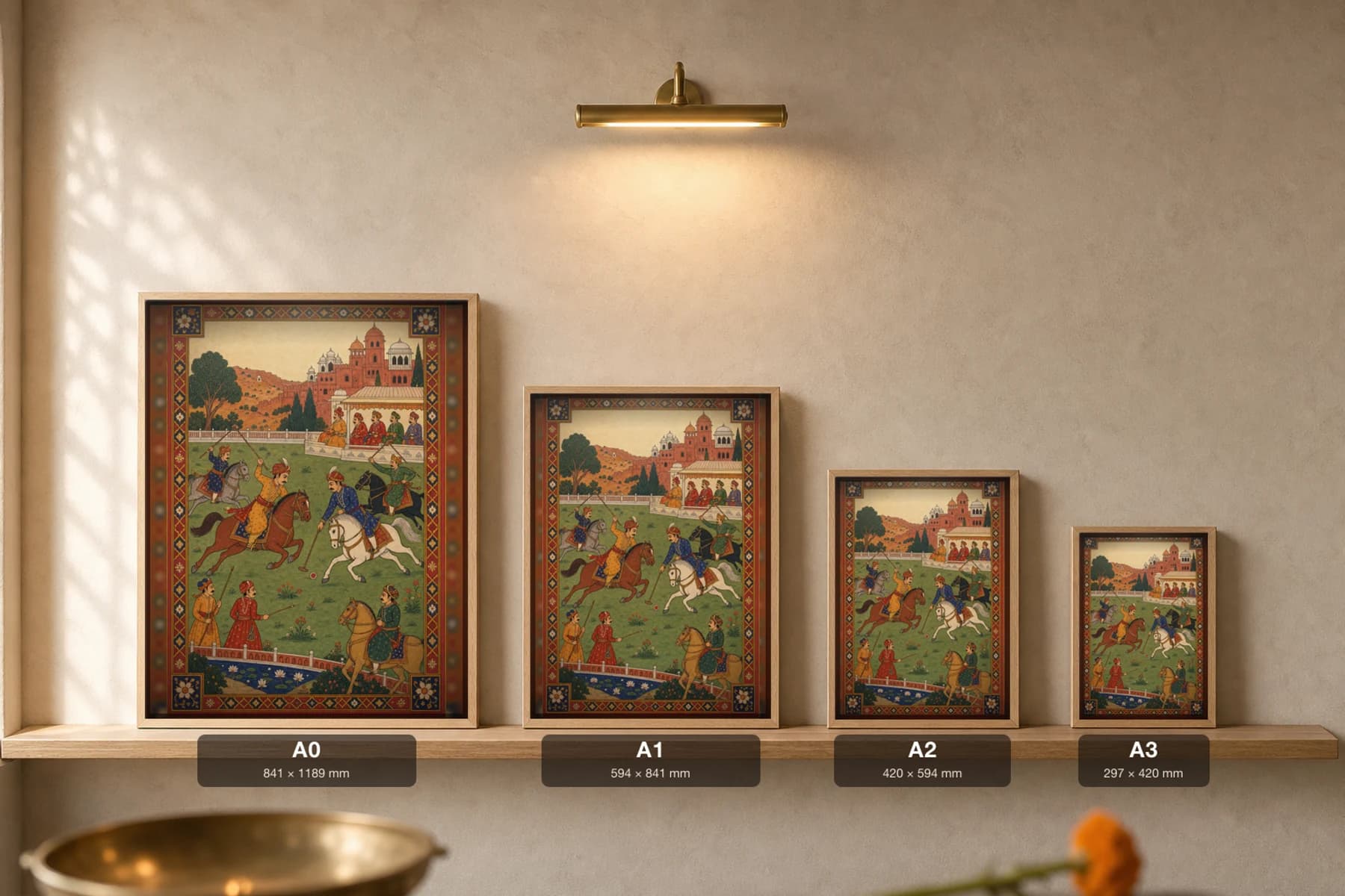 Chaugan Polo — Marwar Polo Match Rajput Miniature Art Print · collector edition A2 · nobles on galloping horses swinging mallets across a flat green field — print size guide showing the artwork at A0, A1, A2 and A3 in natural-oak frames at true relative scale