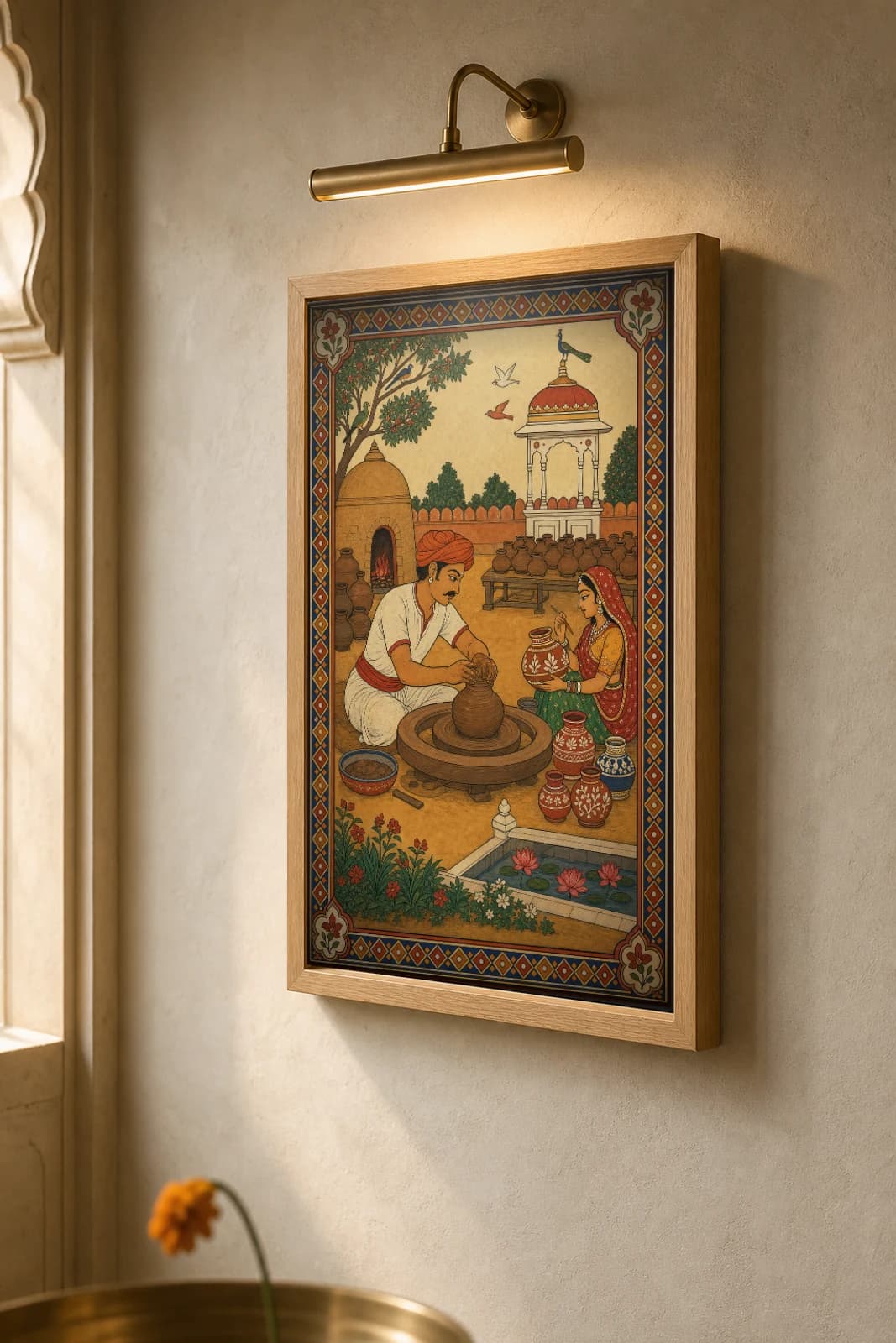 Kumhar Chaak — The Village Potter at the Wheel Rajput Miniature Art Print · collector edition A2 · a Marwar potter shaping a pot while his wife paints a finished urn — the framed print shown at a three-quarter angle on a styled gallery wall in a natural-oak frame