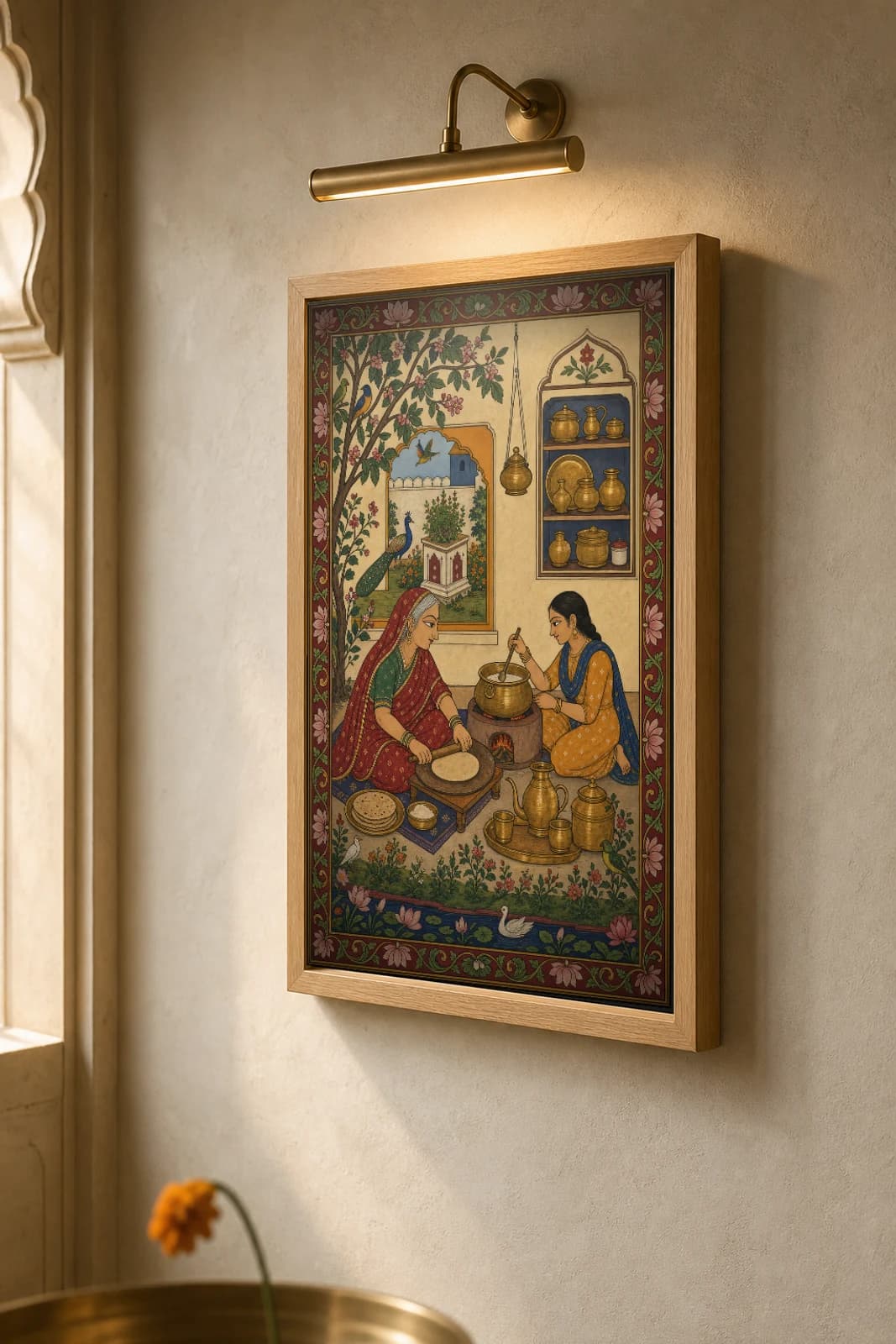 Rasoi — The Home Kitchen Rajput Miniature Art Print · collector edition A2 · a grandmother and granddaughter cooking together, Bundi nayika grammar — the framed print shown at a three-quarter angle on a styled gallery wall in a natural-oak frame