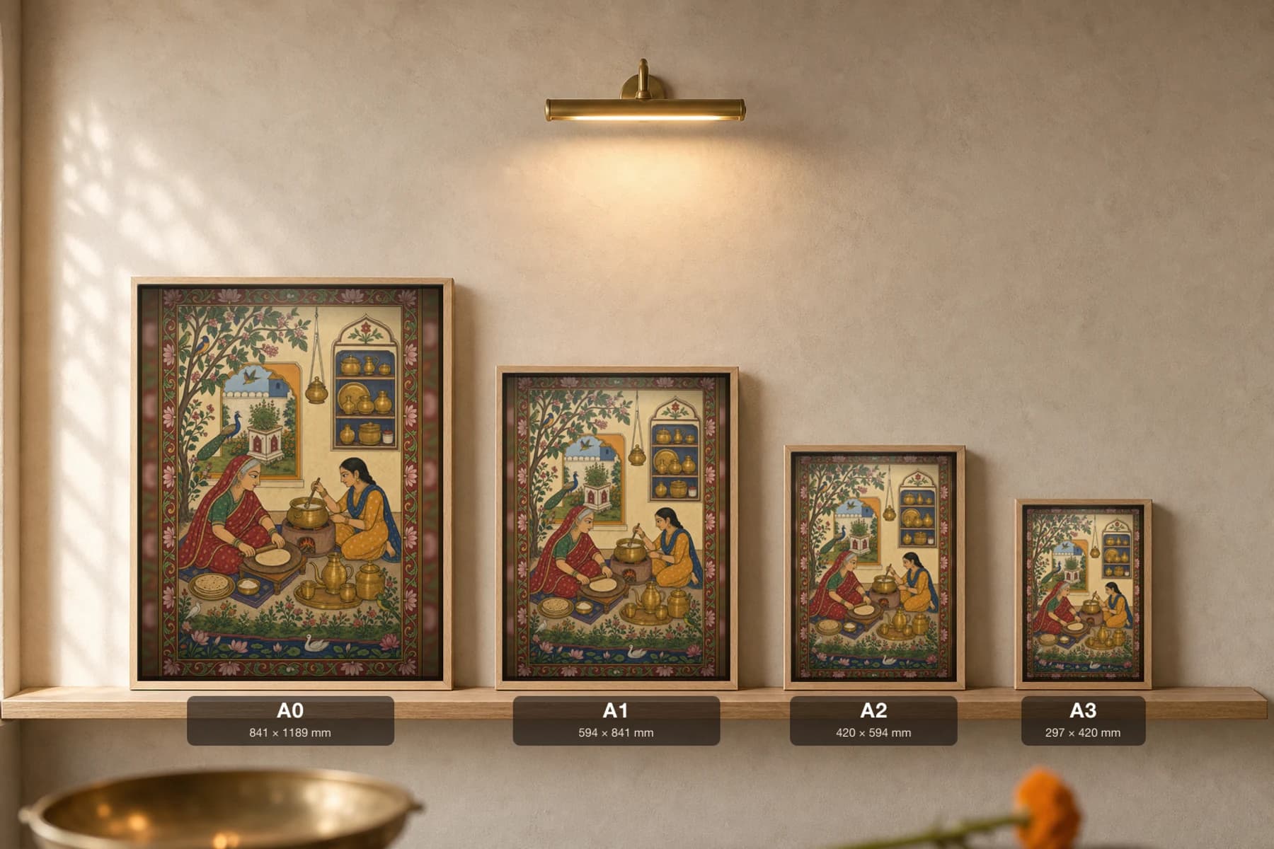 Rasoi — The Home Kitchen Rajput Miniature Art Print · collector edition A2 · a grandmother and granddaughter cooking together, Bundi nayika grammar — print size guide showing the artwork at A0, A1, A2 and A3 in natural-oak frames at true relative scale