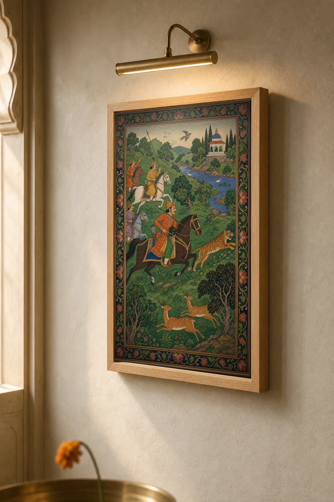 Royal Shikar — The Kotah-Bundi Tiger Hunt Rajput Miniature Art Print · collector edition A2 · mounted nobles pursuing a tiger through dense green jungle — the framed print shown at a three-quarter angle on a styled gallery wall in a natural-oak frame