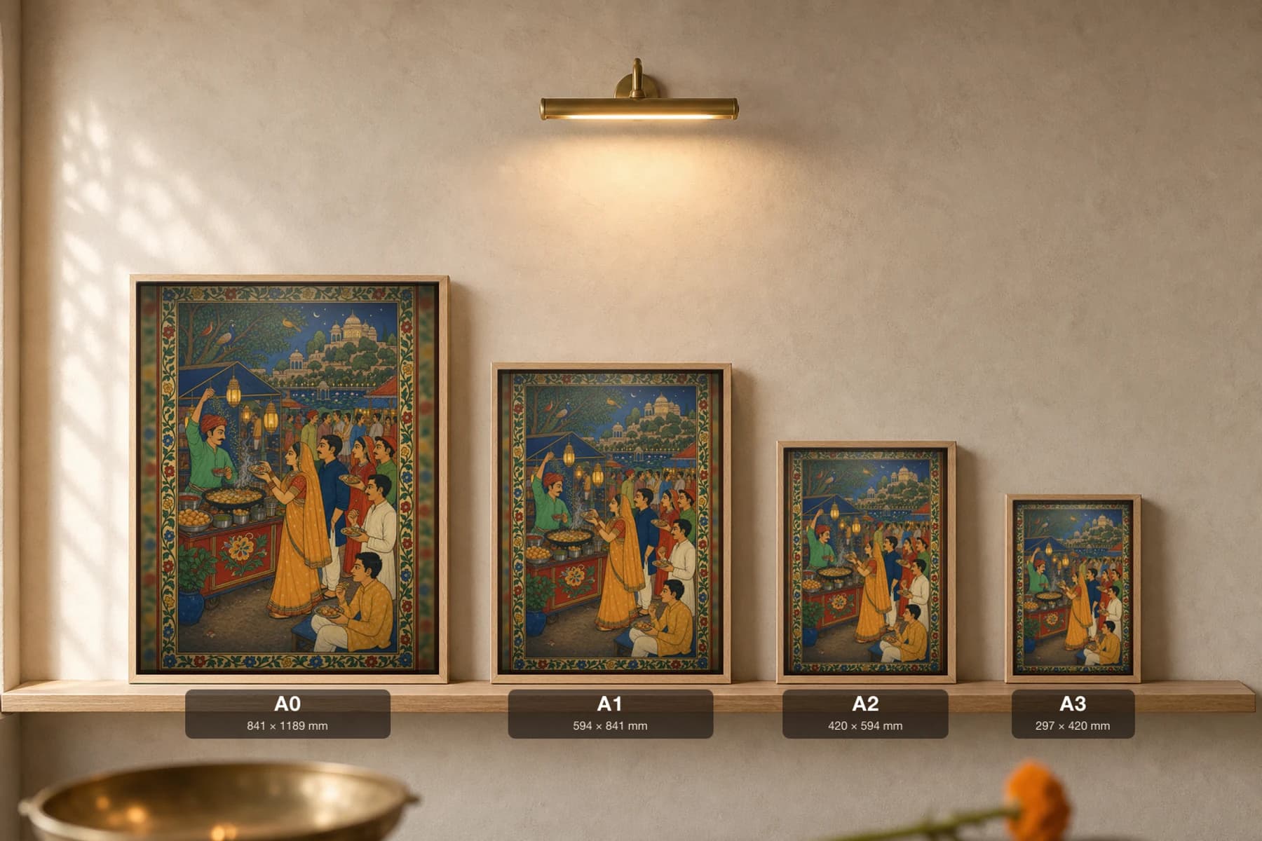 Chaat Bazaar — Evening Street-Food Stall Rajput Miniature Art Print · collector edition A2 · a vendor frying snacks at a lantern-lit thela while customers queue at night, Mewar grammar — print size guide showing the artwork at A0, A1, A2 and A3 in natural-oak frames at true relative scale