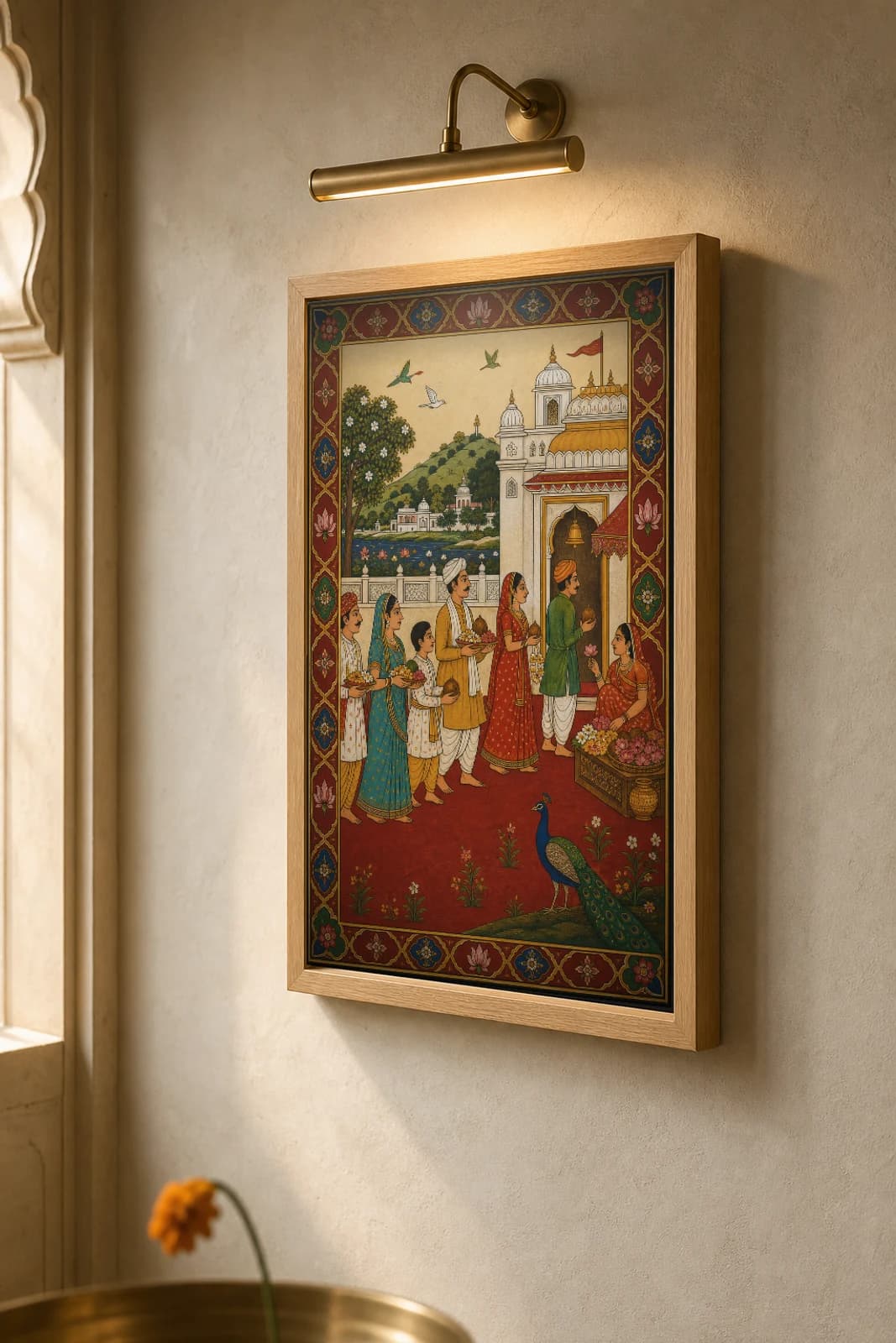 Darshan Pankti — Temple Darshan Queue Rajput Miniature Art Print · collector edition A2 · devotees queuing with offerings at a hill temple, a flower-seller and a peacock, Mewar grammar — the framed print shown at a three-quarter angle on a styled gallery wall in a natural-oak frame