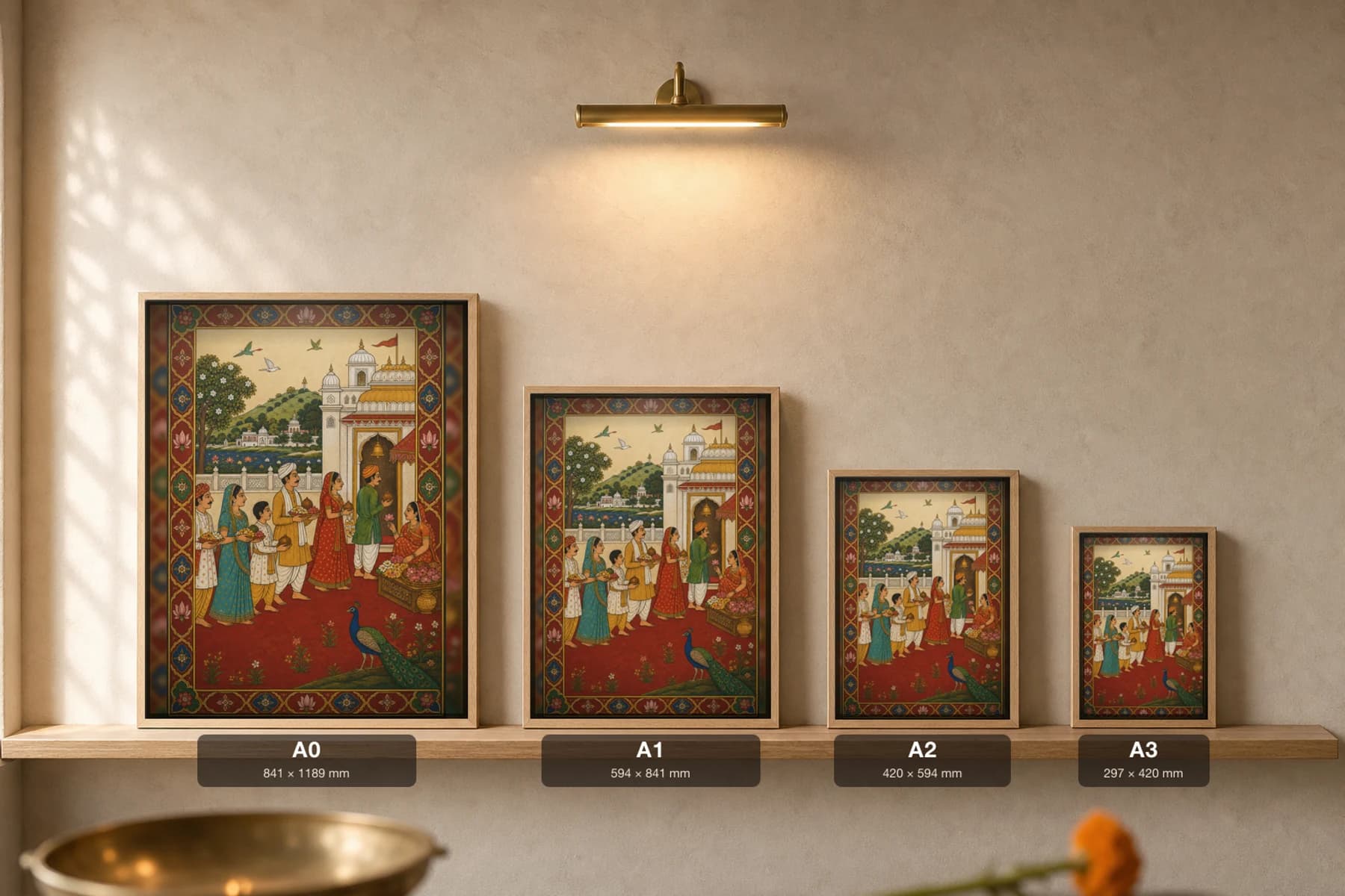 Darshan Pankti — Temple Darshan Queue Rajput Miniature Art Print · collector edition A2 · devotees queuing with offerings at a hill temple, a flower-seller and a peacock, Mewar grammar — print size guide showing the artwork at A0, A1, A2 and A3 in natural-oak frames at true relative scale