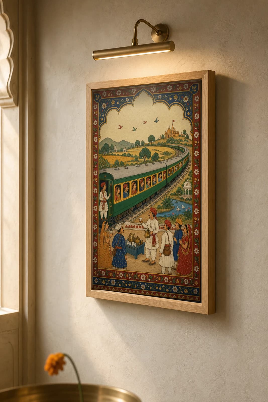 Rail Sawari — Train Journey Through Rajasthan Rajput Miniature Art Print · collector edition A2 · a green train curving past a station with a chai-wallah and waiting passengers, Amber–Jaipur grammar — the framed print shown at a three-quarter angle on a styled gallery wall in a natural-oak frame