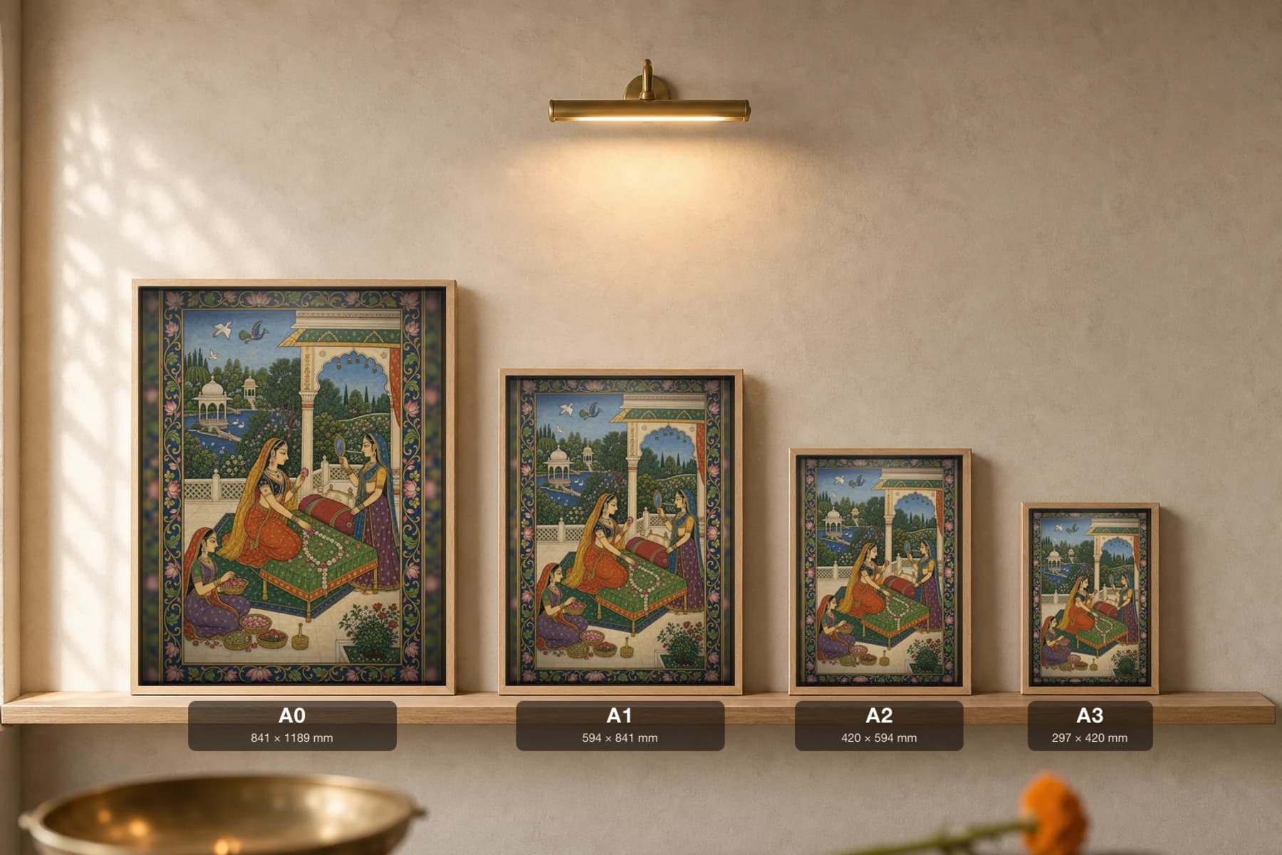Vasakasajja Nayika Rajput Miniature Print — Bundi nayika-bheda, the heroine adorning her bower with flowers as she awaits her beloved · collector edition A2 — print size guide showing the artwork at A0, A1, A2 and A3 in natural-oak frames at true relative scale