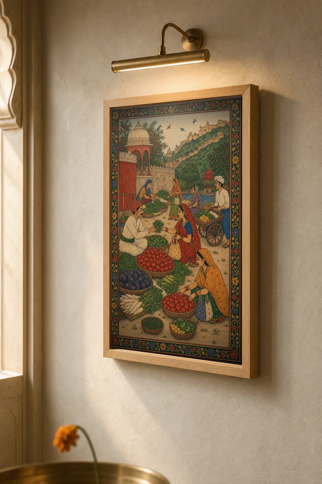 Sabzi Mandi — Morning Vegetable Market Rajput Miniature Art Print · collector edition A2 · a vendor and shoppers among baskets of vegetables below a haveli wall, Amber–Jaipur grammar — the framed print shown at a three-quarter angle on a styled gallery wall in a natural-oak frame